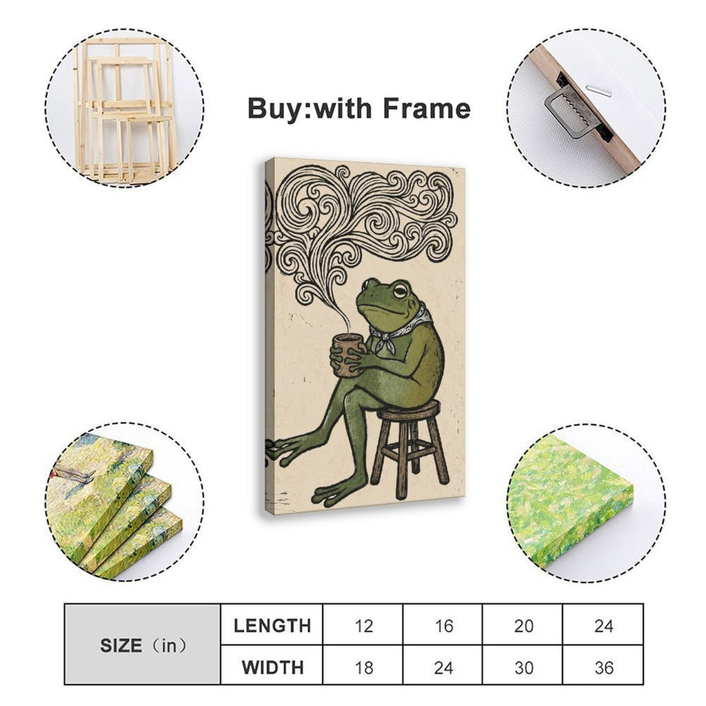frog seated on a stool holding a steaming cup in forest green, black, cream tones — Wrapped Canvas SIZE_GUIDE