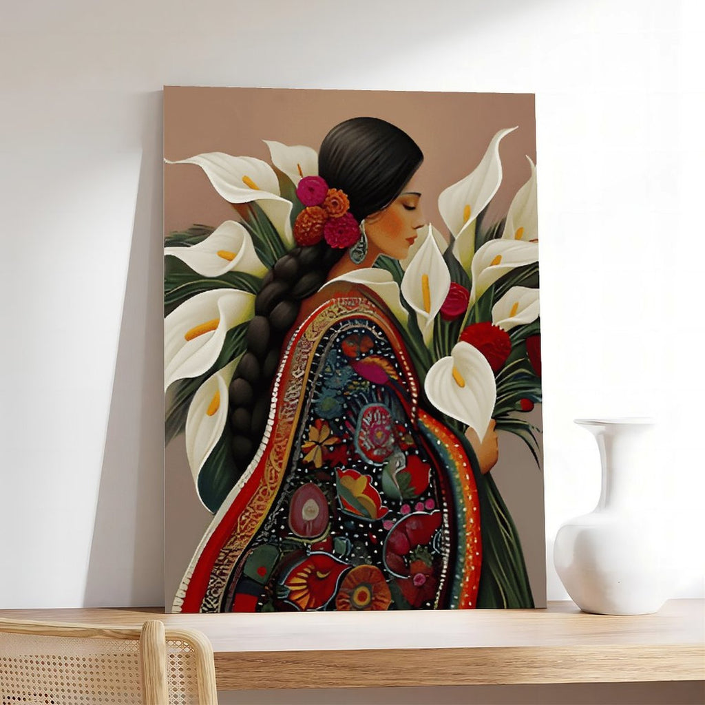 stylized woman surrounded by lilies and red flowers in decorative figurative art style — Wrapped Canvas SCENE_05