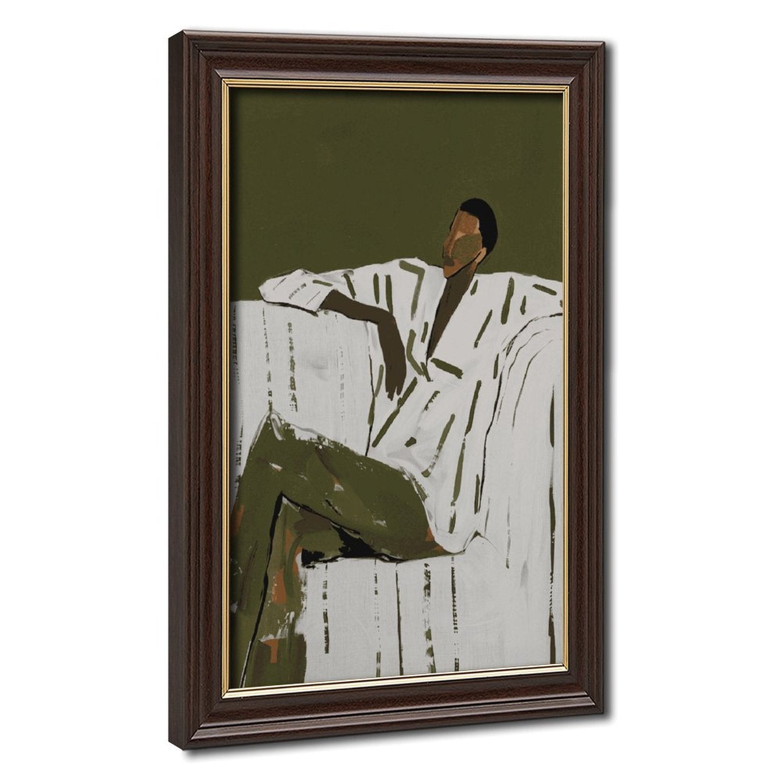 seated man in a white shirt and olive trousers in minimalist figurative art style — Wood Grain Gold Frame HERO