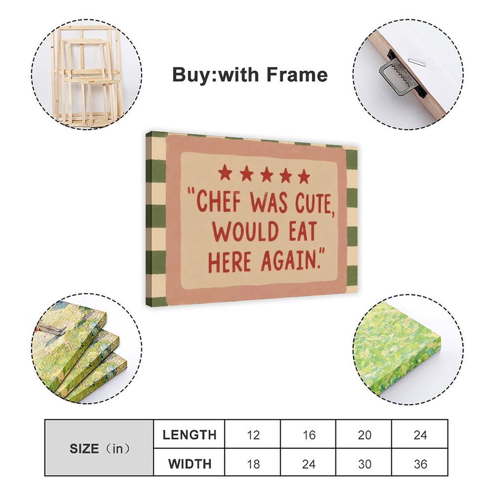 five-star restaurant-style humorous quote in pink, red, green tones — Wrapped Canvas SIZE_GUIDE