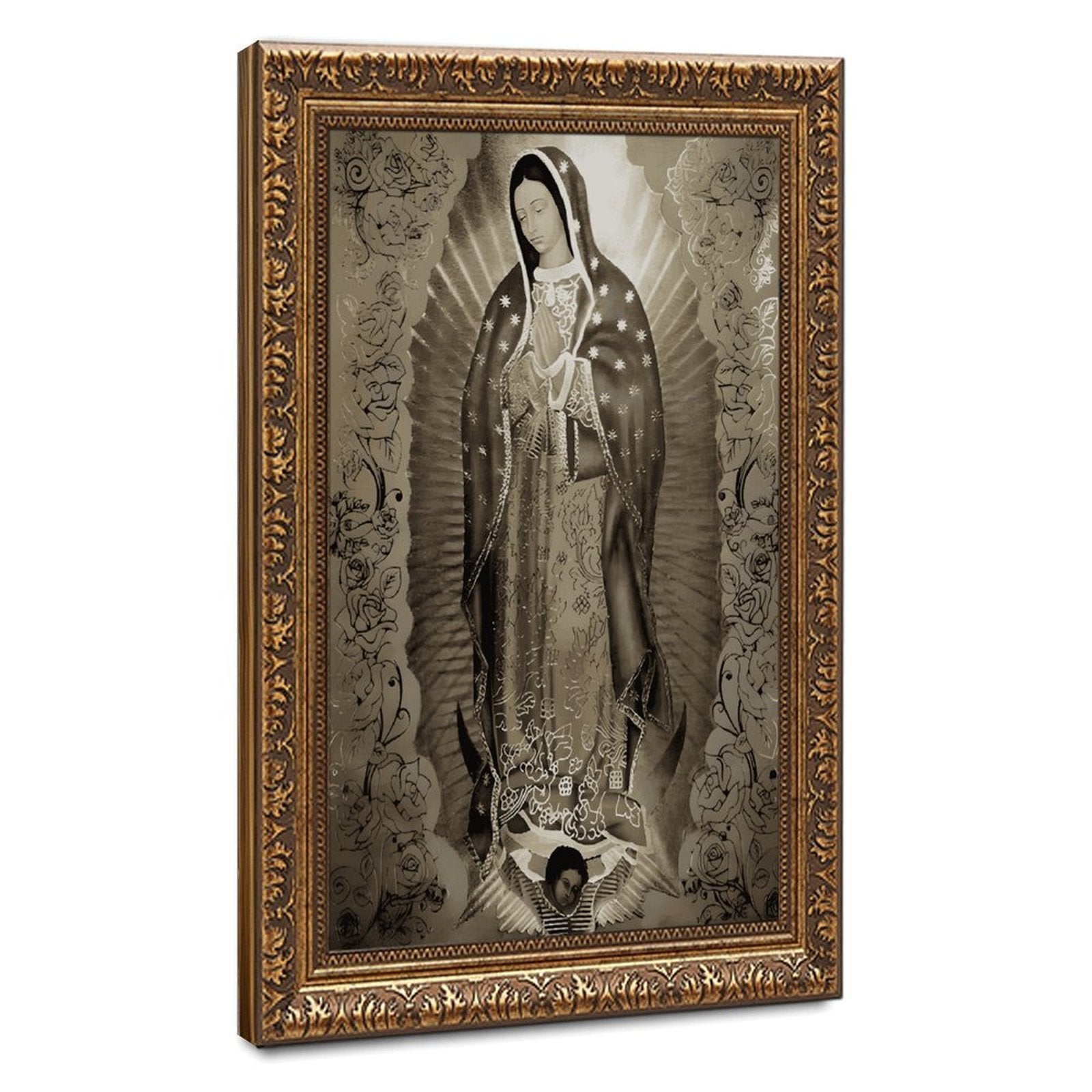 Our Lady of Guadalupe devotional figure in devotional art style — Vintage Gold Frame HERO