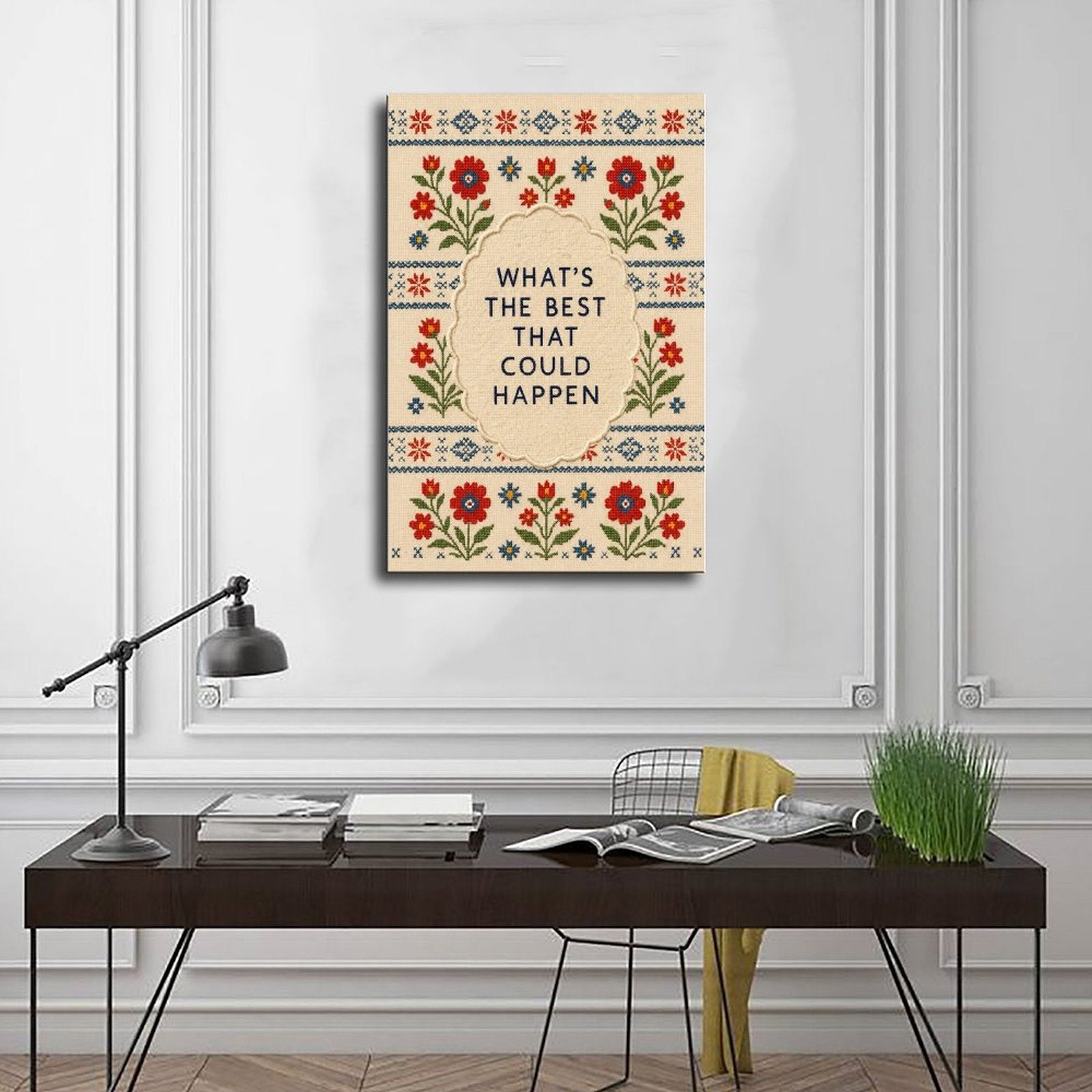floral folk-art border around optimistic typography in red, blue, green tones — Wrapped Canvas SCENE_01