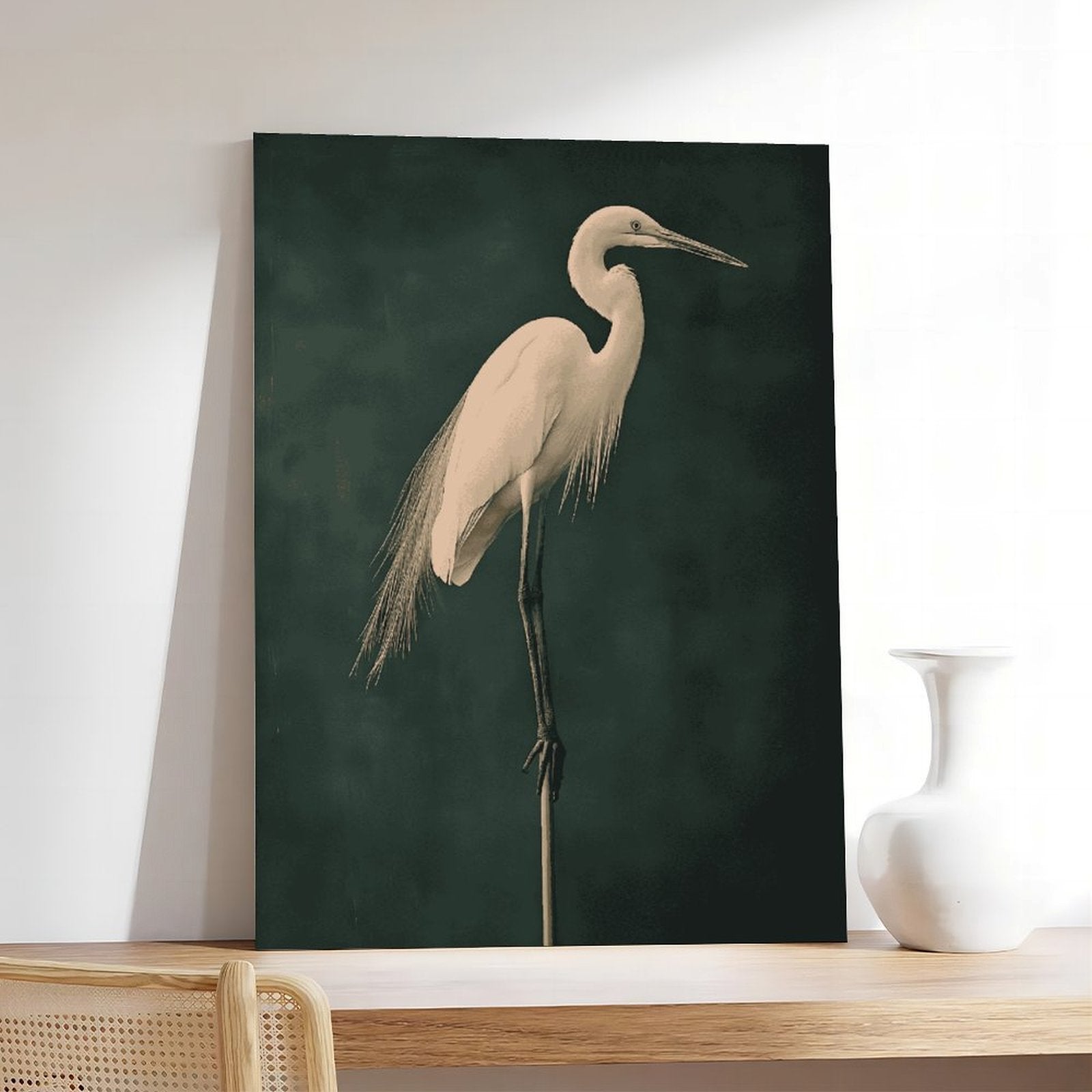 white heron standing against a deep green background in minimalist animal art style — Wrapped Canvas SCENE_05