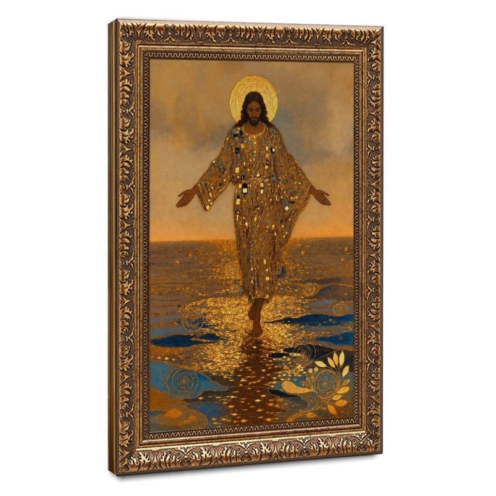 haloed sacred figure walking across reflective water in gold, deep blue, warm brown tones — Vintage Gold Frame HERO