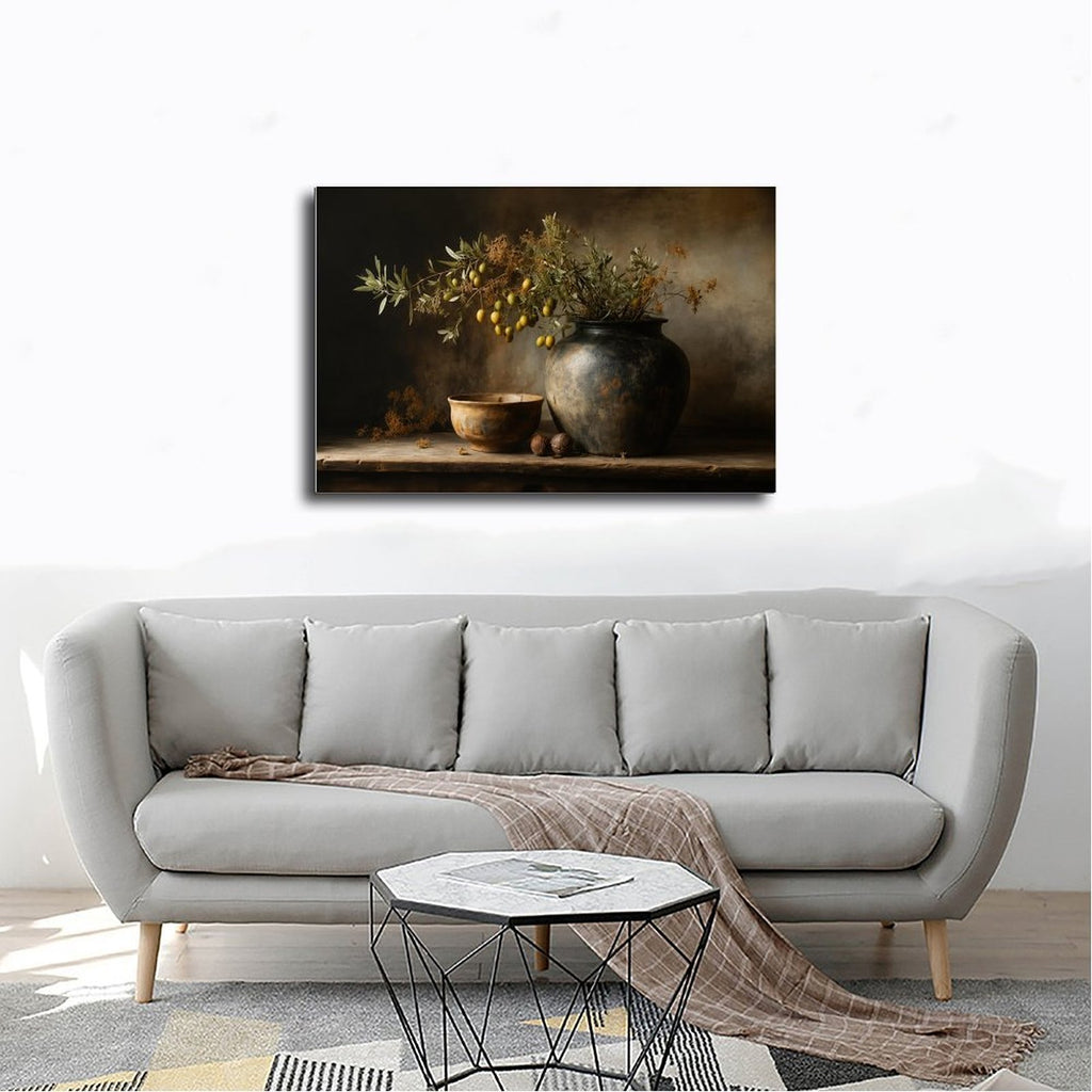 dark ceramic vessel with olive branches and fruit in charcoal, olive green, deep brown tones — Wrapped Canvas SCENE_02