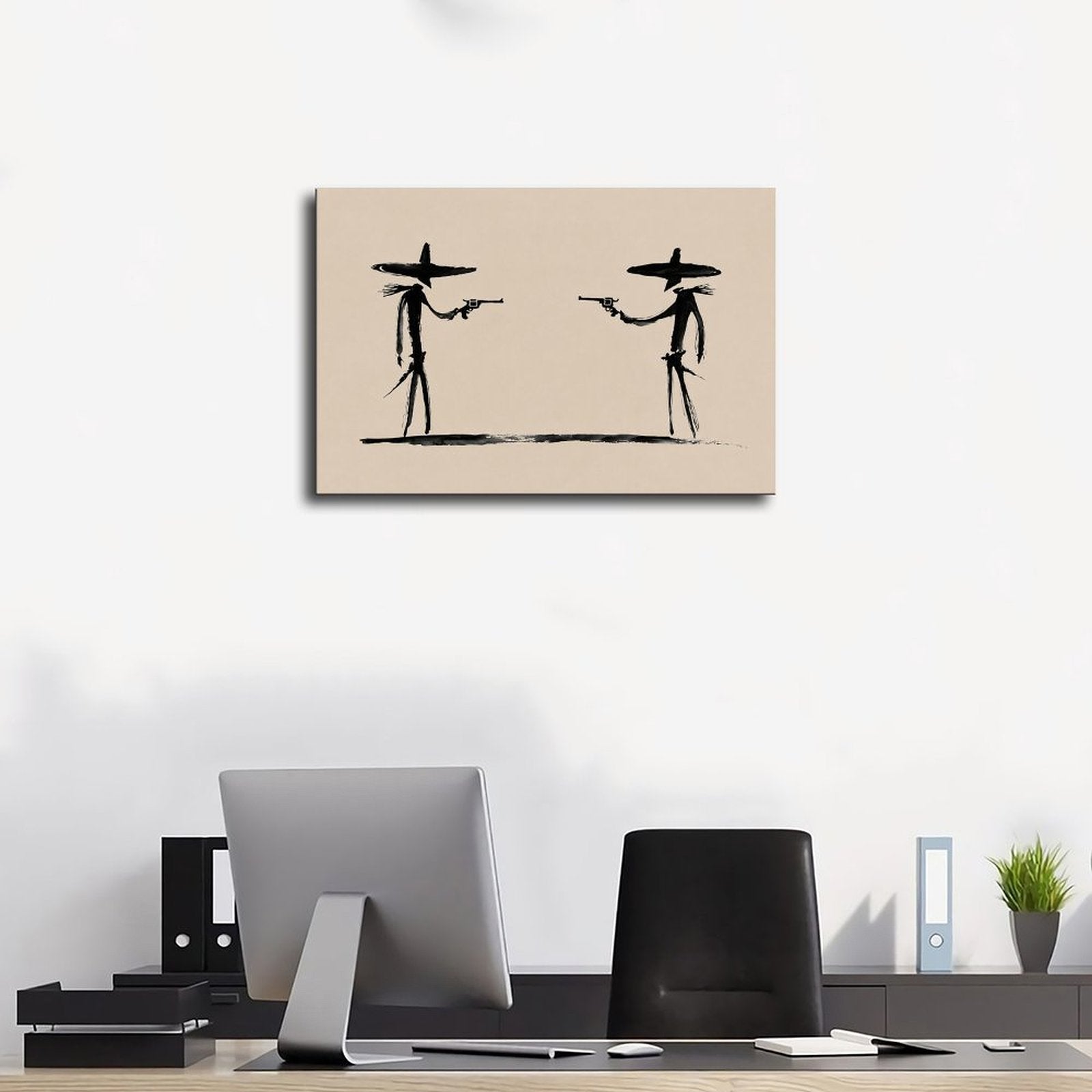 two stylized cowboys facing each other with revolvers in black, warm cream tones — Wrapped Canvas SCENE_01