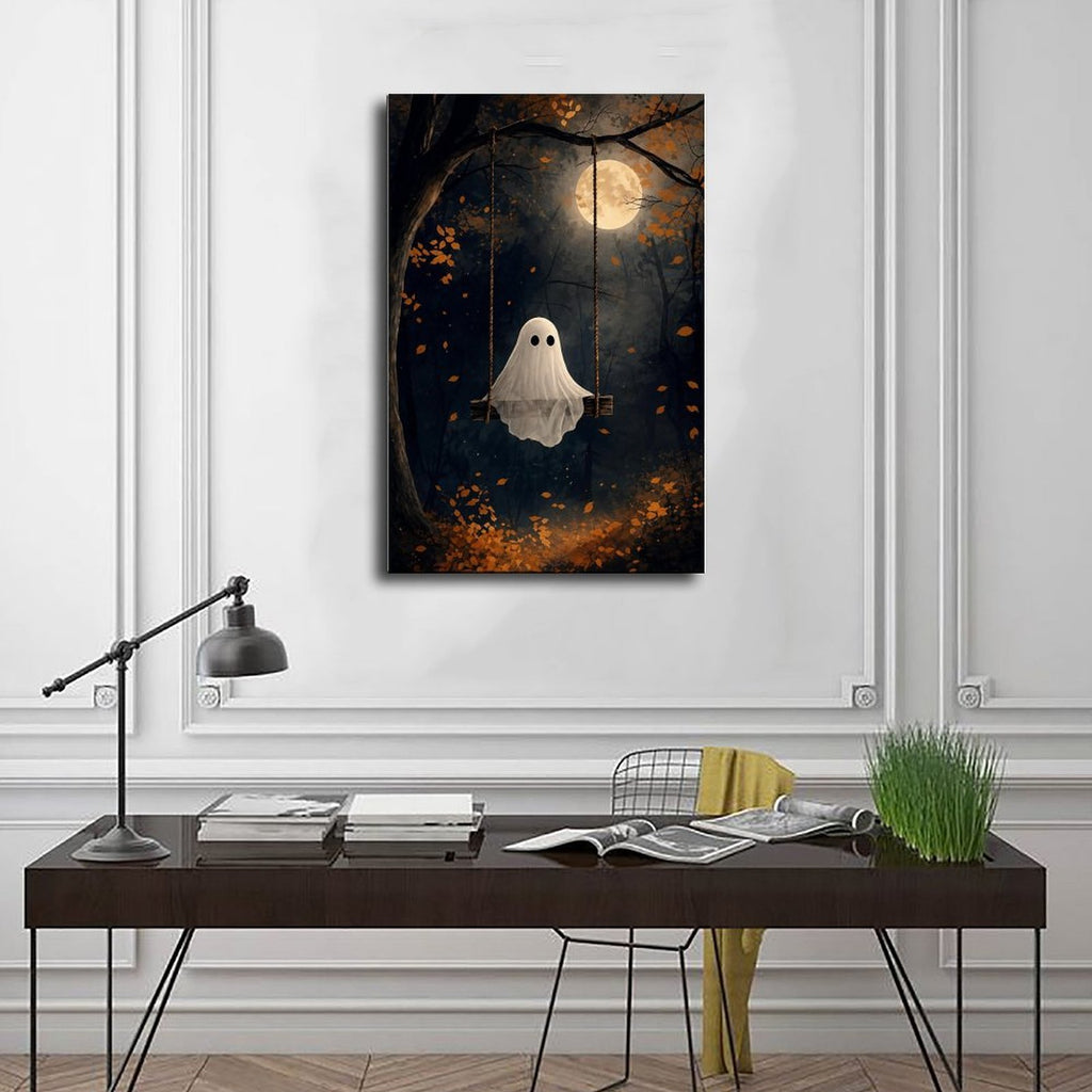 sheet ghost sitting on a swing beneath a full moon in navy blue, orange, white tones — Wrapped Canvas SCENE_01