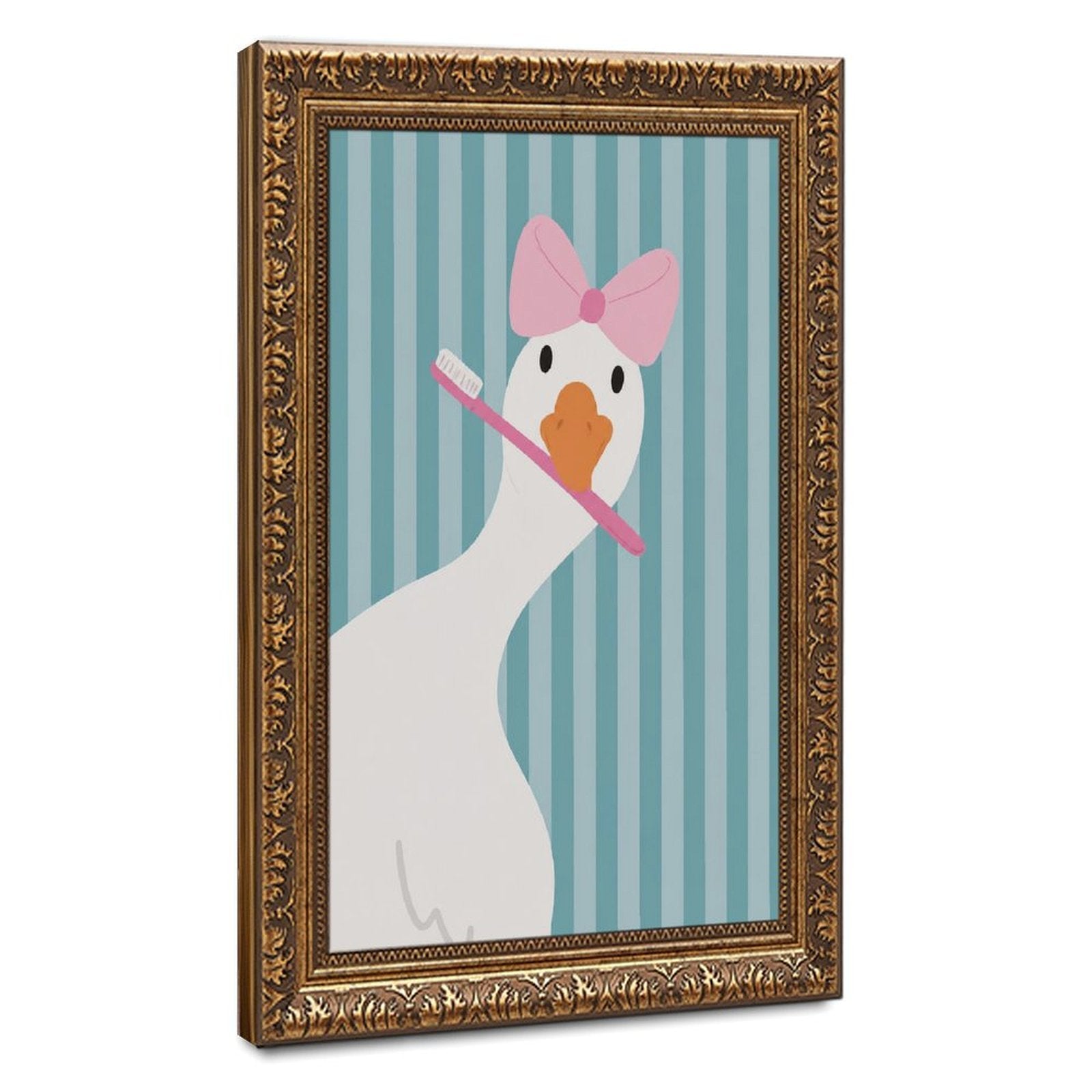 white duck with a pink bow holding a toothbrush in sky blue, white, pink tones — Vintage Gold Frame HERO