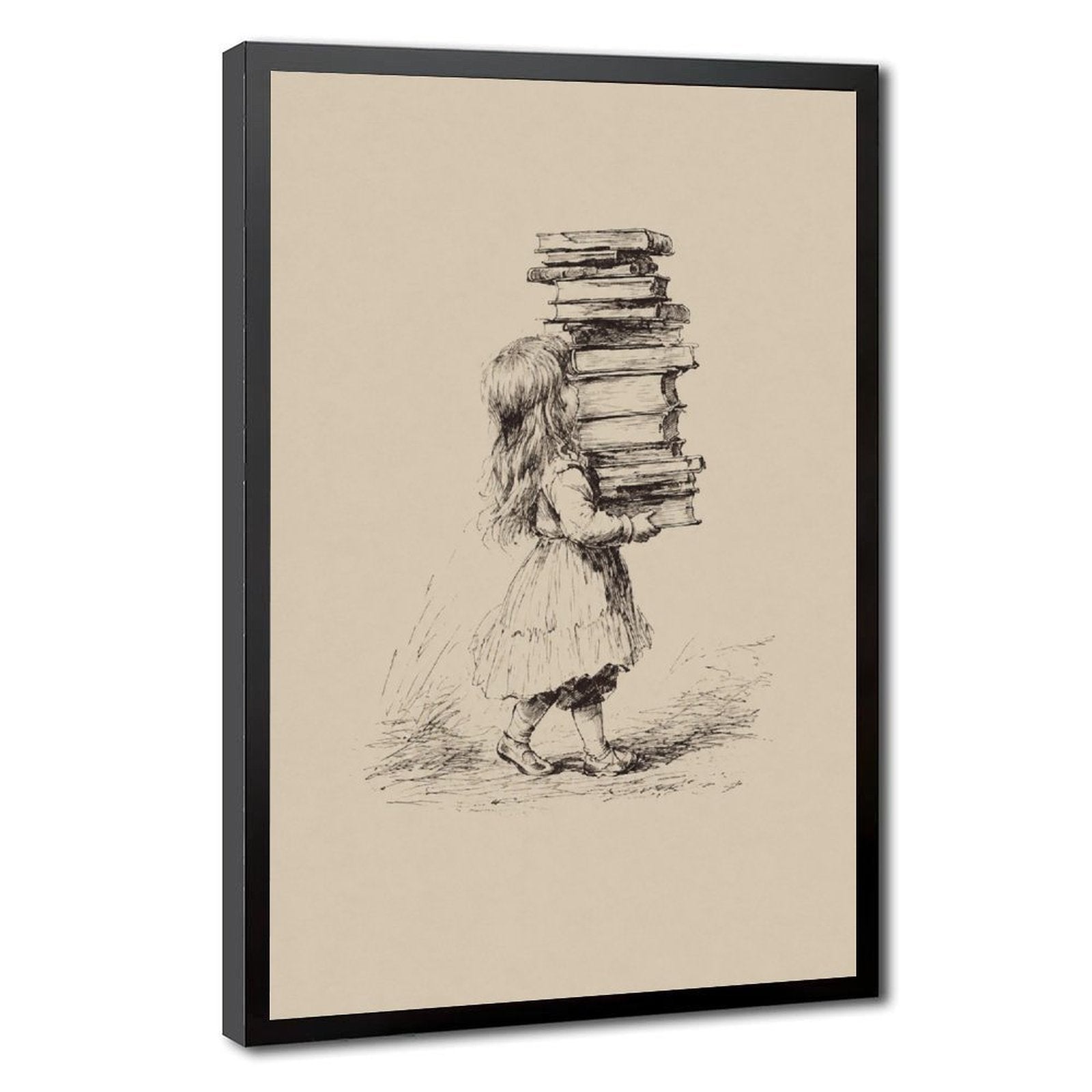 small figure carrying a tall stack of books in black, warm cream tones — Black Frame HERO