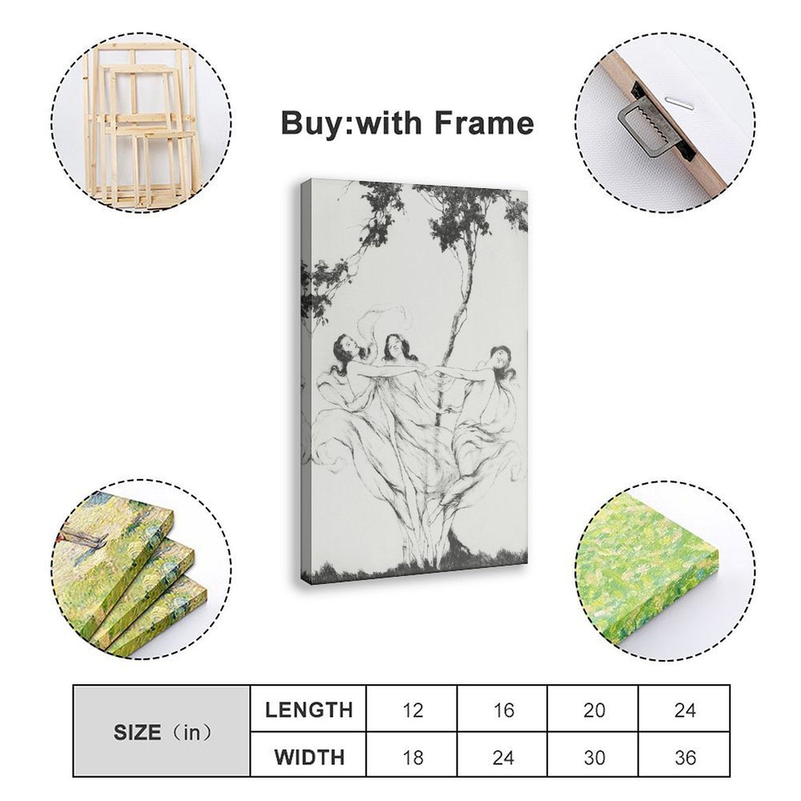 classical human figures beneath trees in classical line art style — Wrapped Canvas SIZE_GUIDE