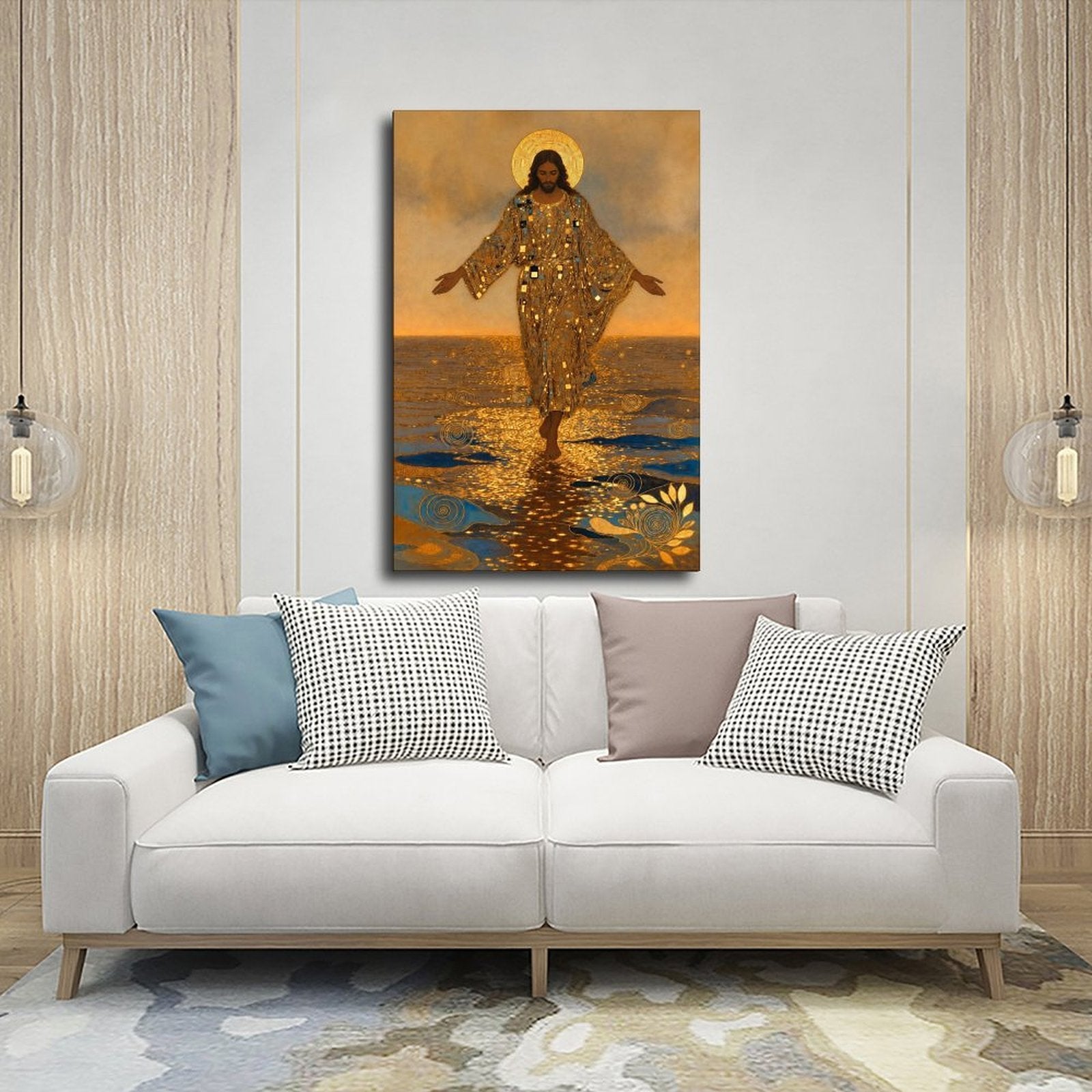 haloed sacred figure walking across reflective water in gold, deep blue, warm brown tones — Wrapped Canvas SCENE_03
