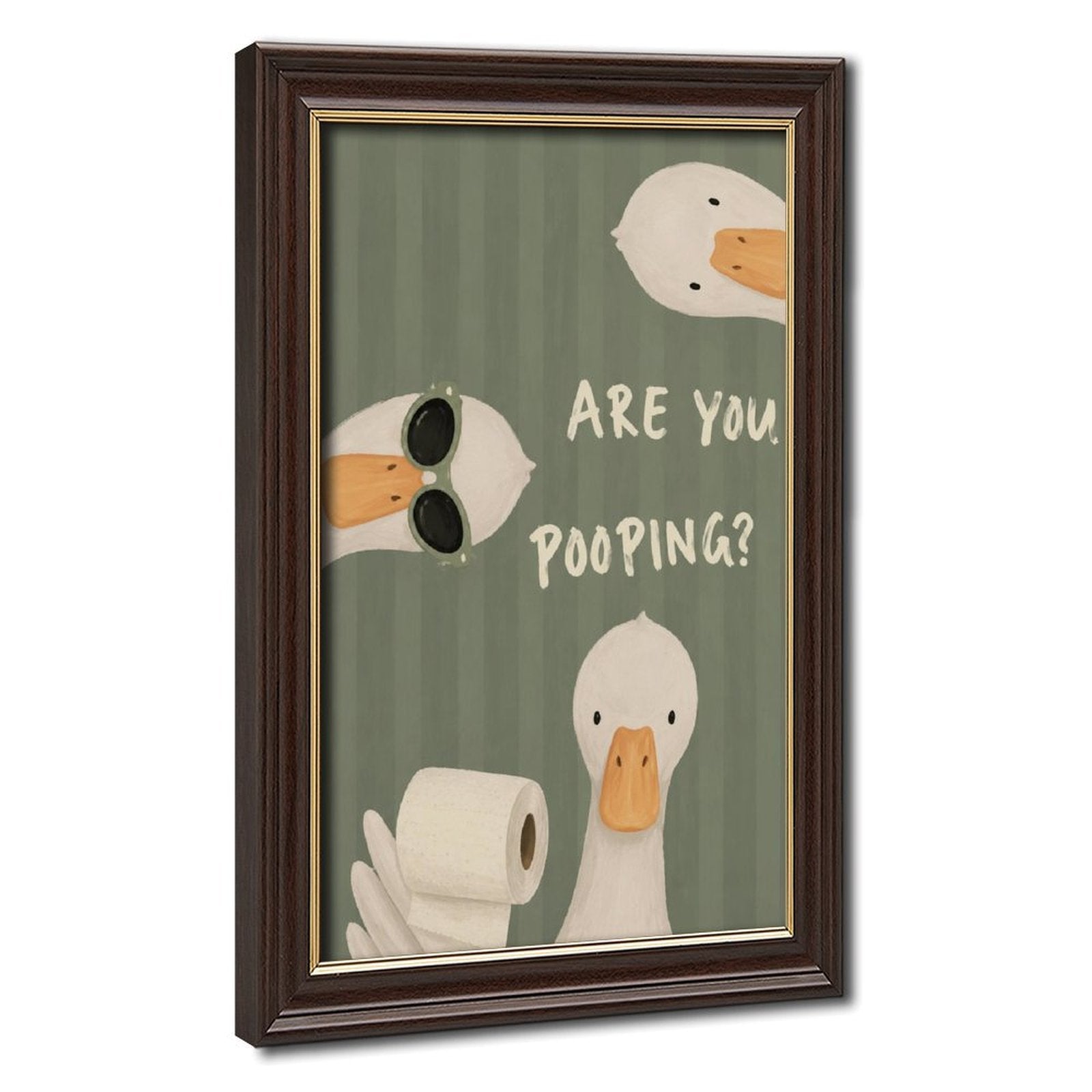 three white ducks surrounding bathroom humor typography in sage green, white, orange tones — Wood Grain Gold Frame HERO