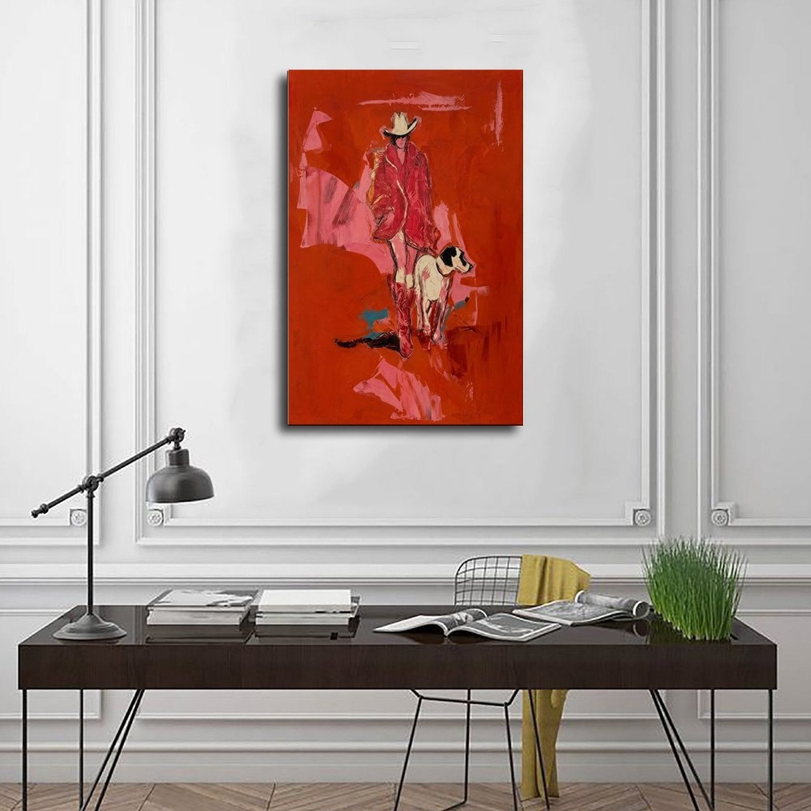 Expressive red cowboy walking beside a black-and-white hound on a painterly red background — Wrapped Canvas SCENE_01