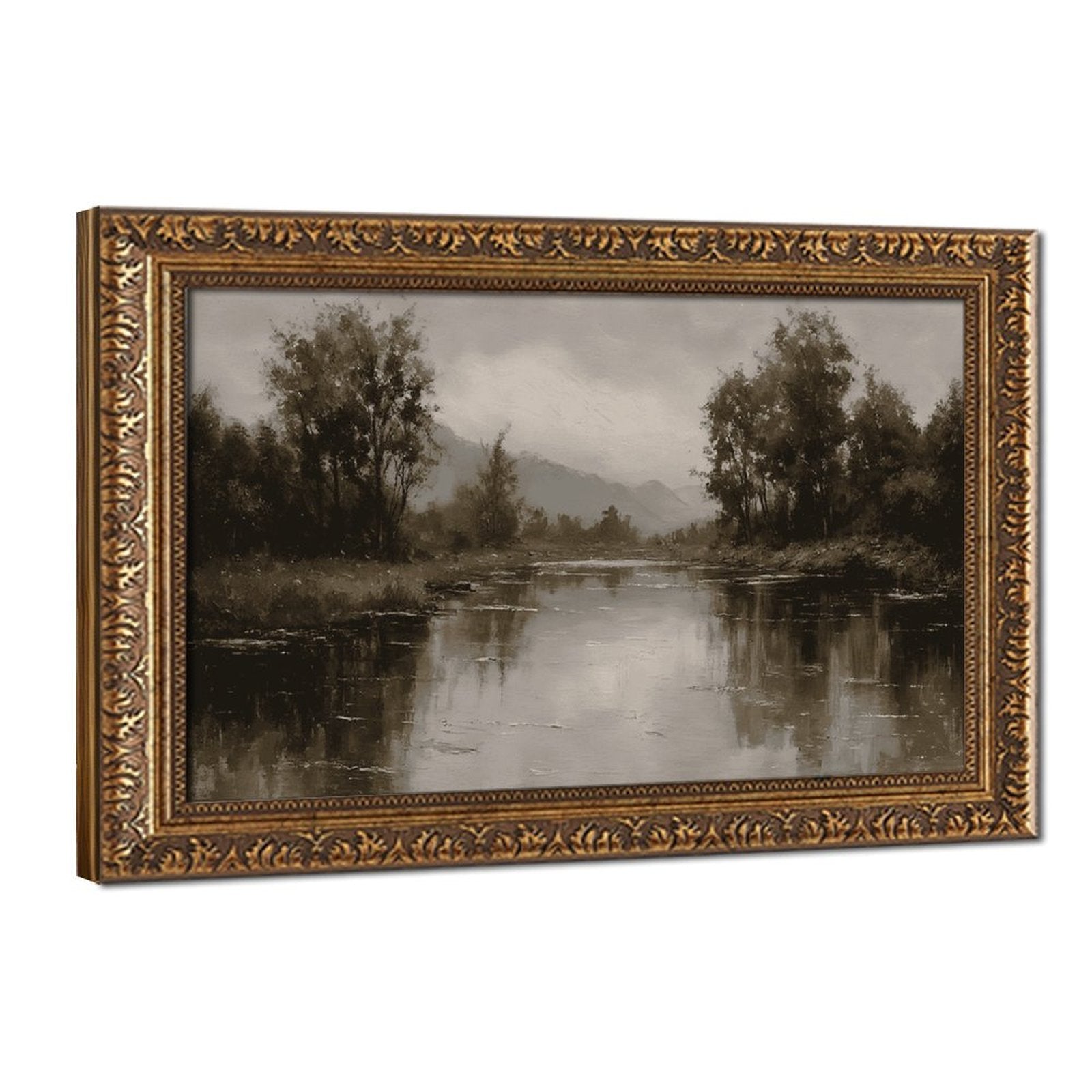 quiet river bend with tree-lined banks in landscape painting style — Vintage Gold Frame HERO