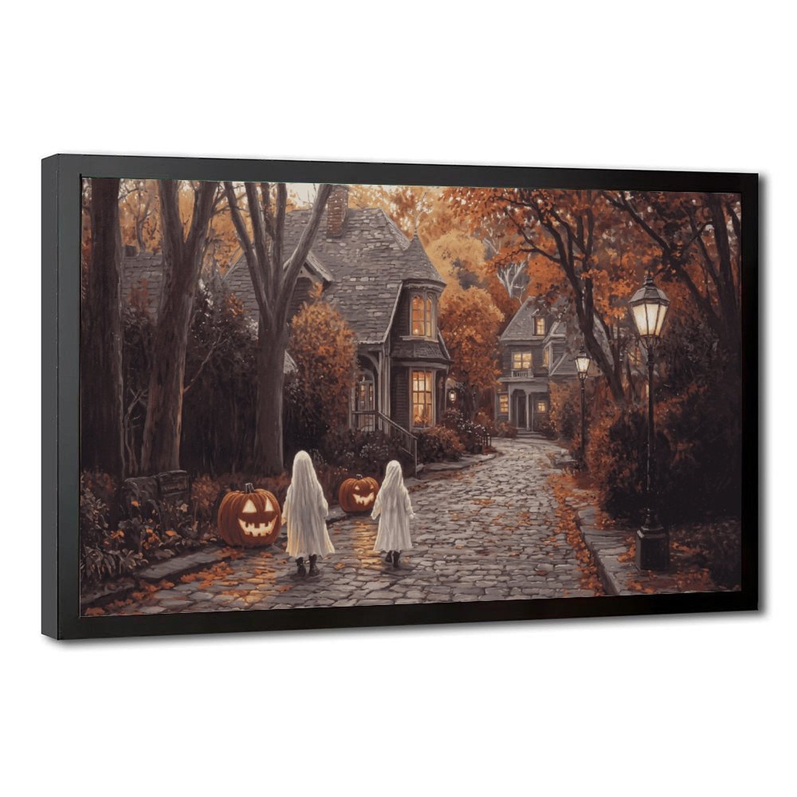 two sheet ghosts in an autumn village in whimsical halloween illustration style — Black Frame HERO