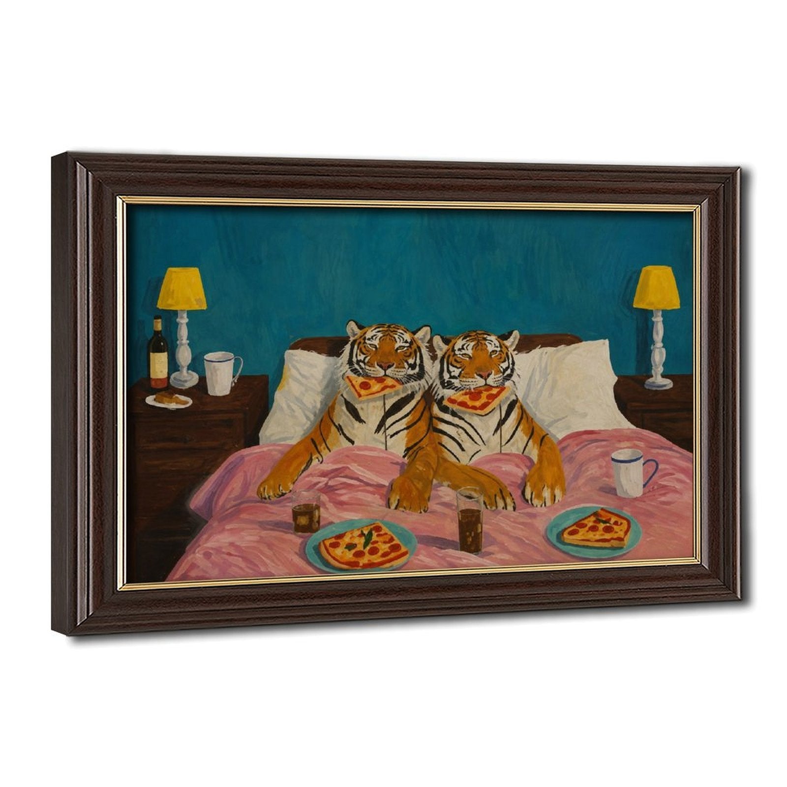 two tigers sitting in bed eating pizza in teal blue, orange, pink tones — Wood Grain Gold Frame HERO