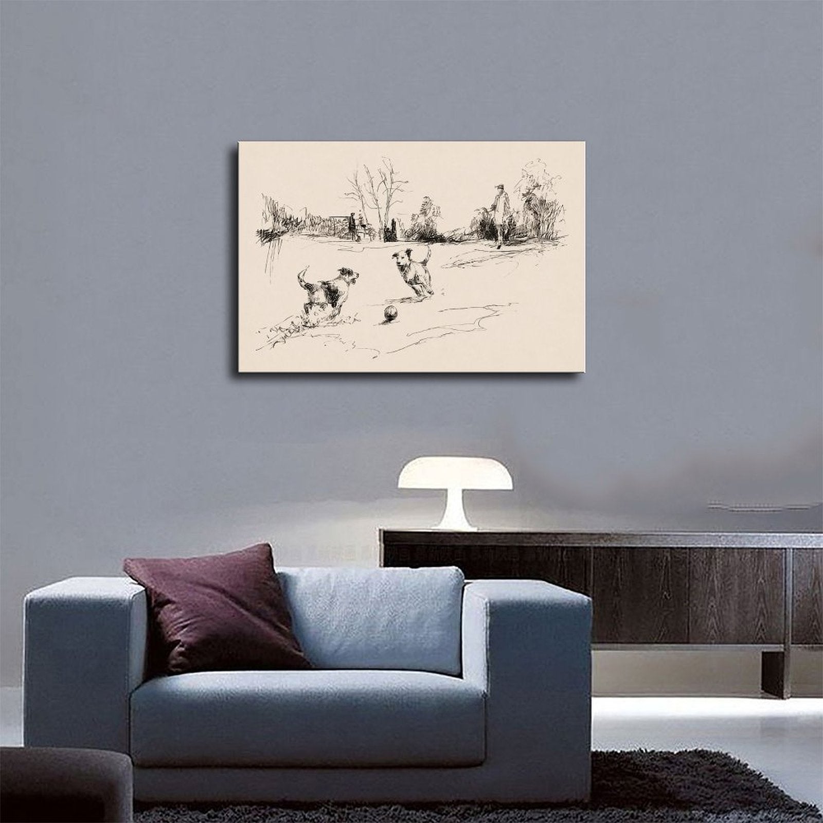 two dogs playing with a ball in black, warm cream tones — Wrapped Canvas SCENE_03