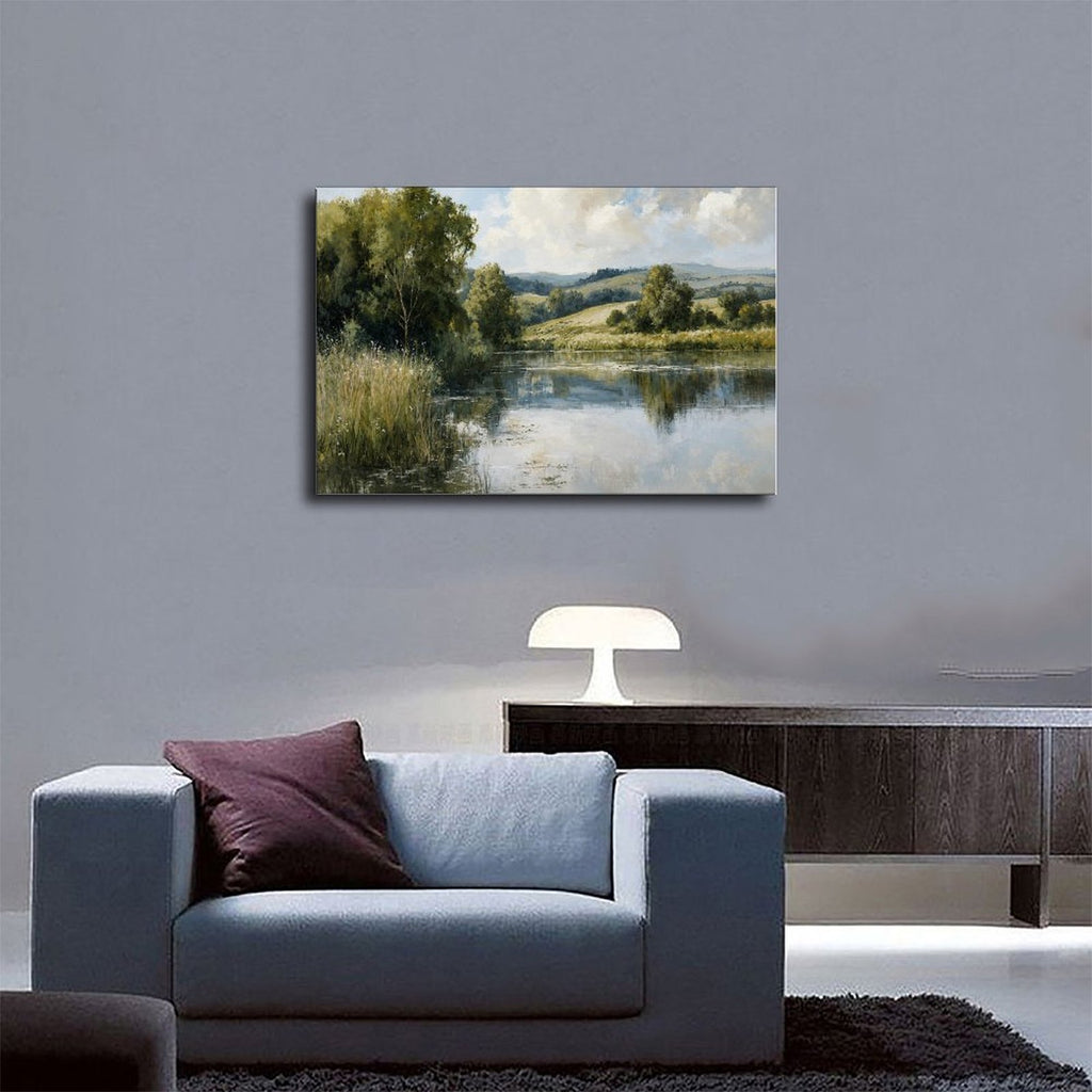 quiet river winding through a green countryside in sage green, blue gray, cream tones — Wrapped Canvas SCENE_03