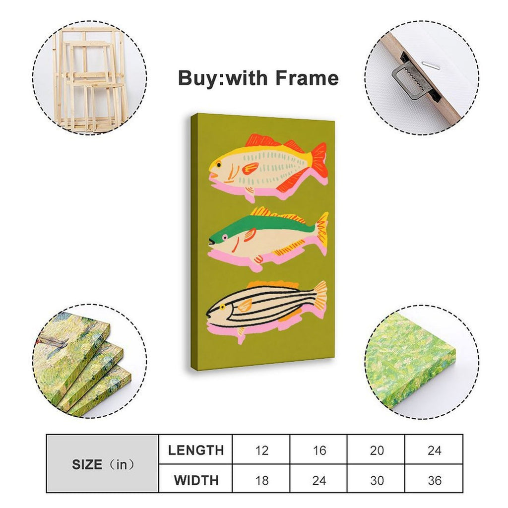 three colorful stylized fish arranged vertically in olive green, coral red, pink tones — Wrapped Canvas SIZE_GUIDE