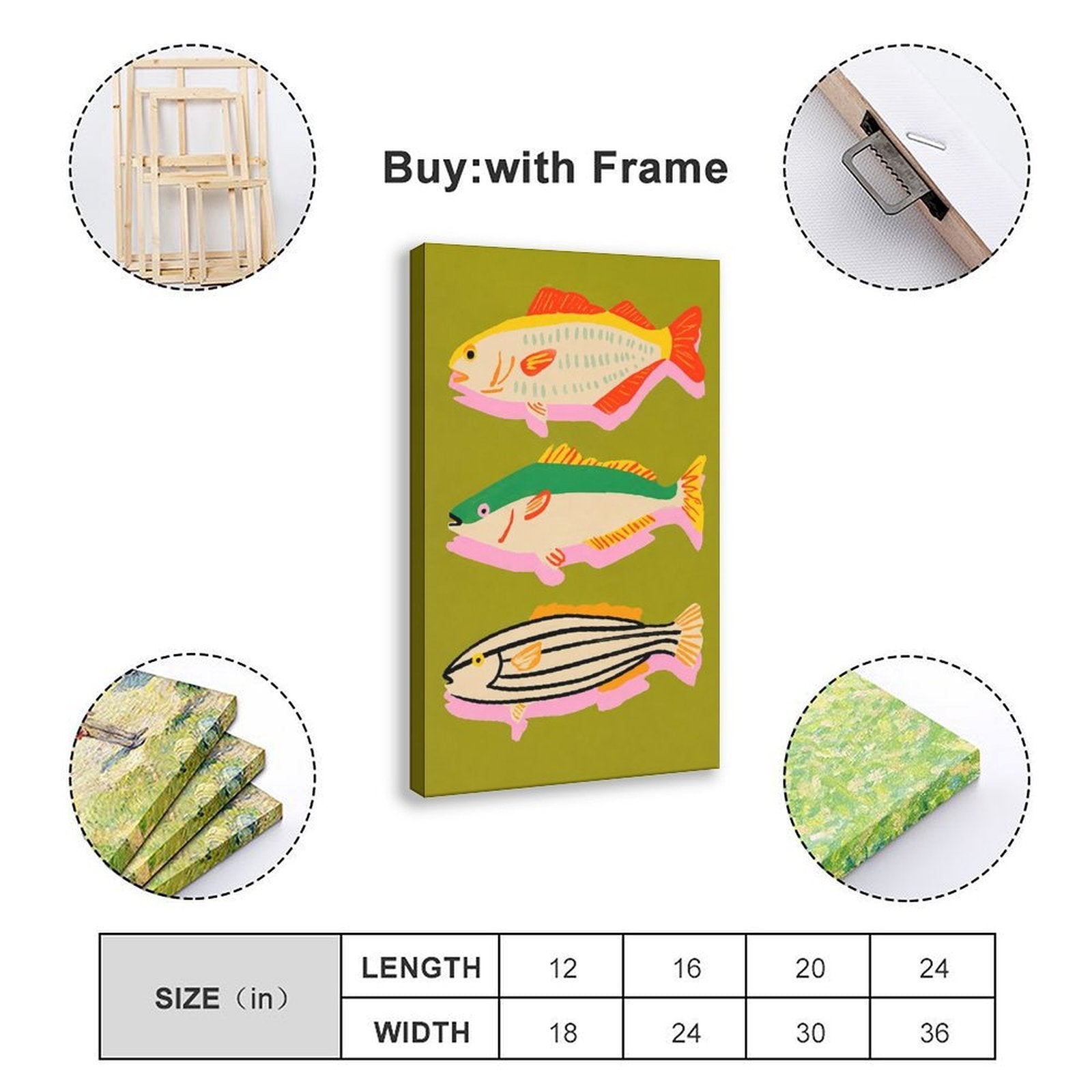 three colorful stylized fish arranged vertically in olive green, coral red, pink tones — Wrapped Canvas SIZE_GUIDE