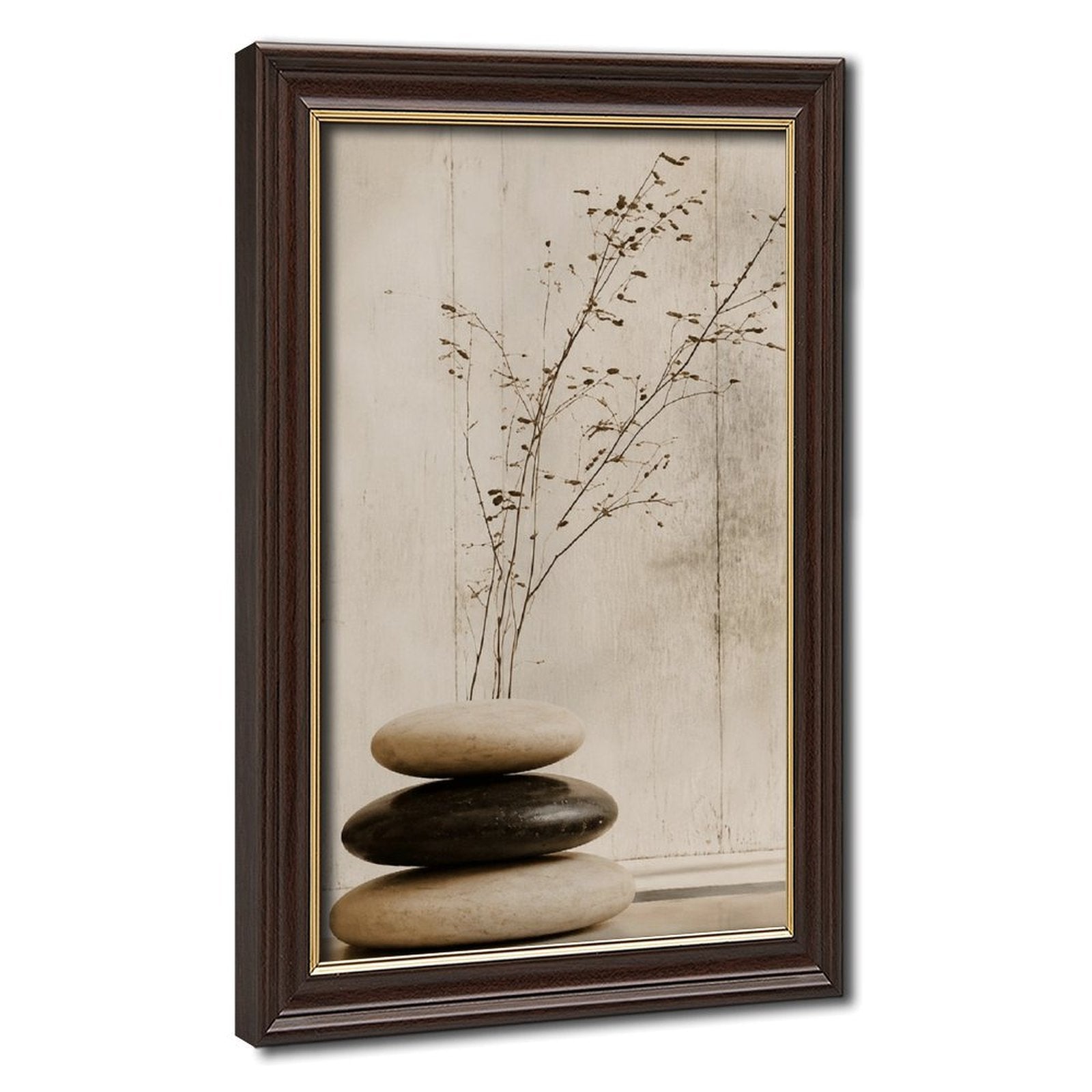 stacked smooth stones with a sparse dried branch in cream, taupe, charcoal tones — Wood Grain Gold Frame HERO