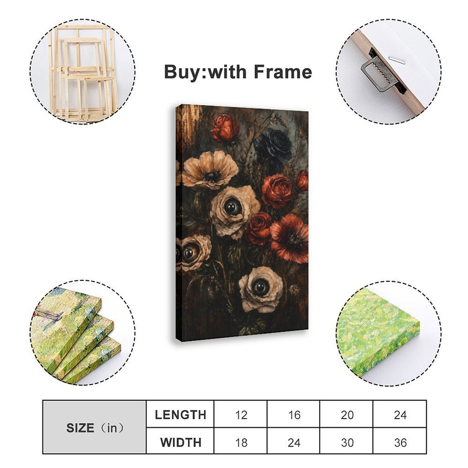 dark floral bouquet with realistic eyes in flower centers in black, deep red, taupe tones — Wrapped Canvas SIZE_GUIDE