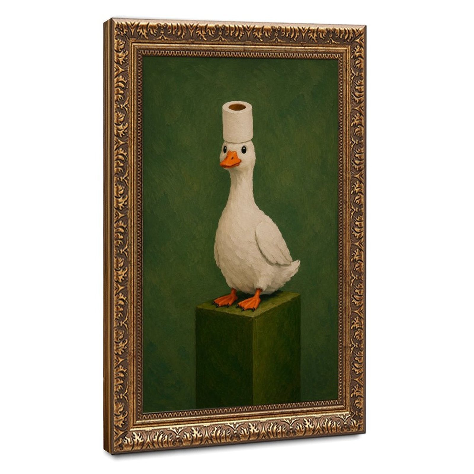 white goose wearing a toilet paper roll like a hat in olive green, white, orange tones — Vintage Gold Frame HERO