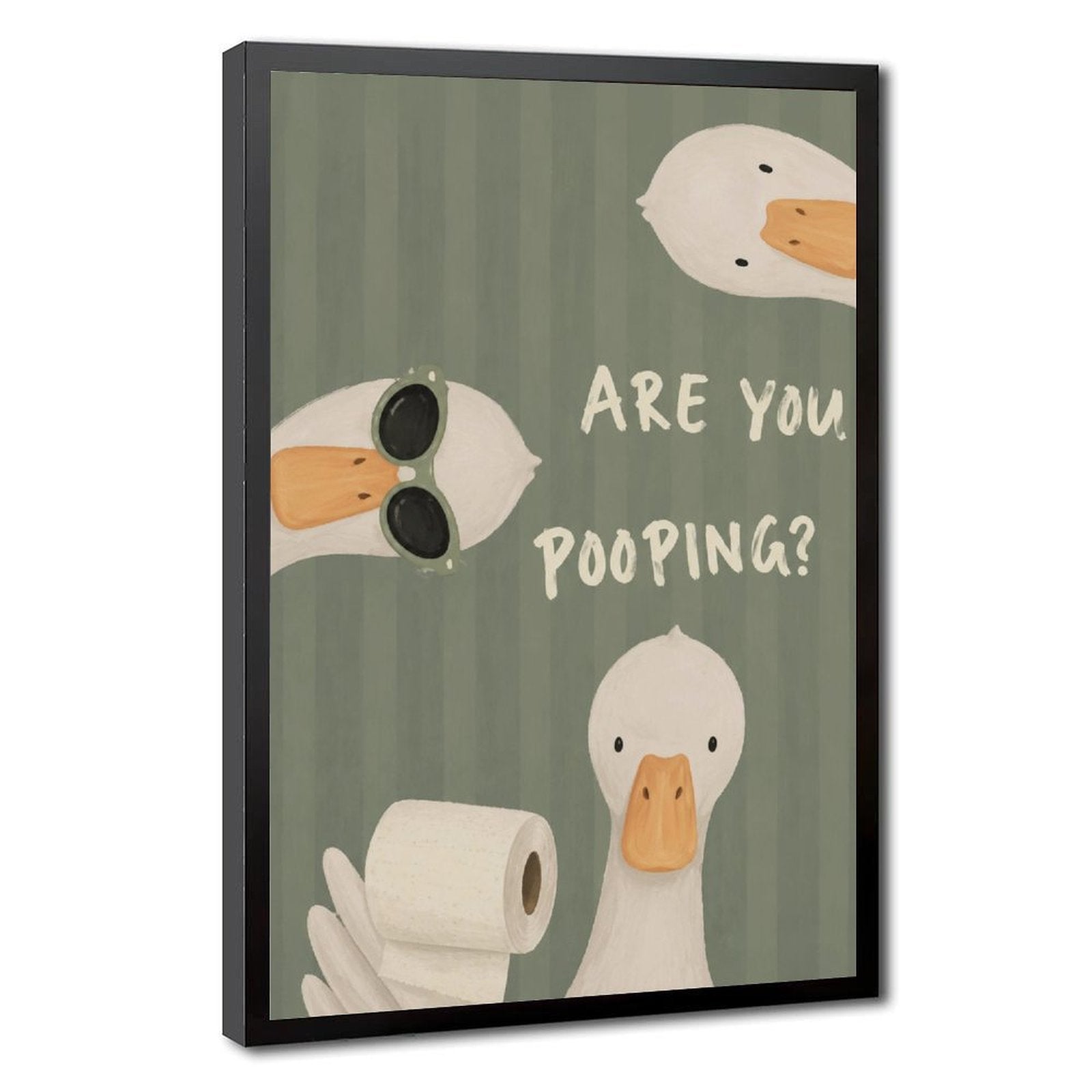 three white ducks surrounding bathroom humor typography in sage green, white, orange tones — Black Frame HERO