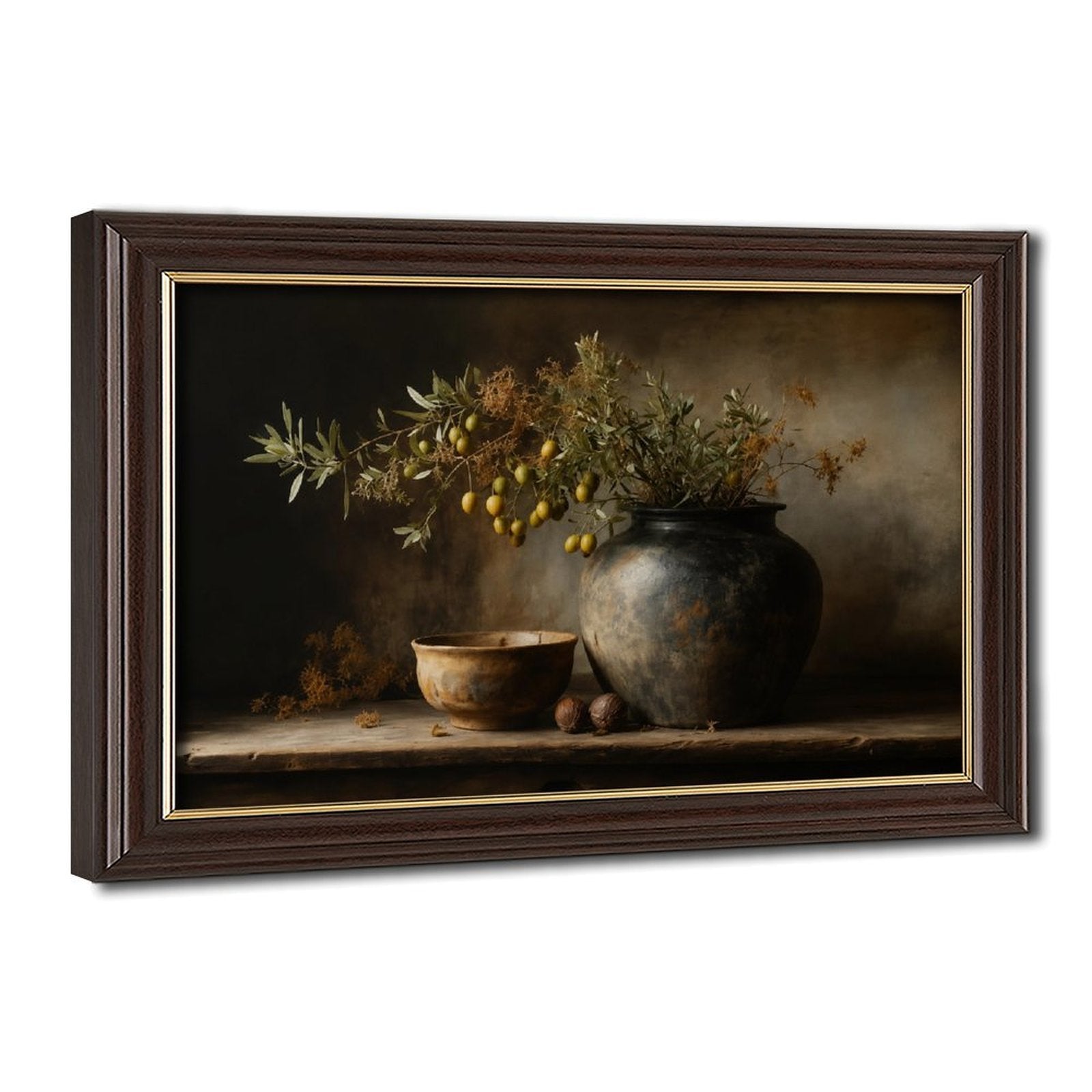 dark ceramic vessel with olive branches and fruit in charcoal, olive green, deep brown tones — Wood Grain Gold Frame HERO