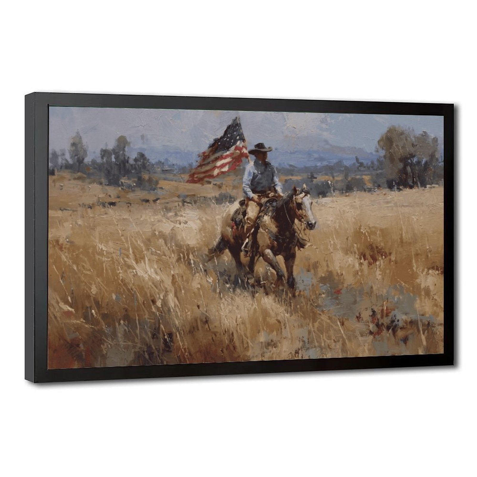 cowboy rider on horseback carrying an American flag in western landscape art style — Black Frame HERO