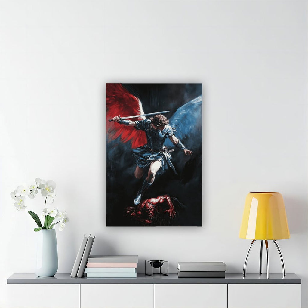 winged archangel warrior battling a red dragon in religious fantasy art style — Wrapped Canvas SCENE_04