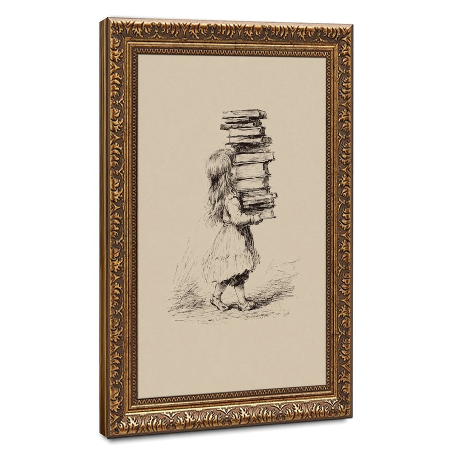 small figure carrying a tall stack of books in black, warm cream tones — Vintage Gold Frame HERO