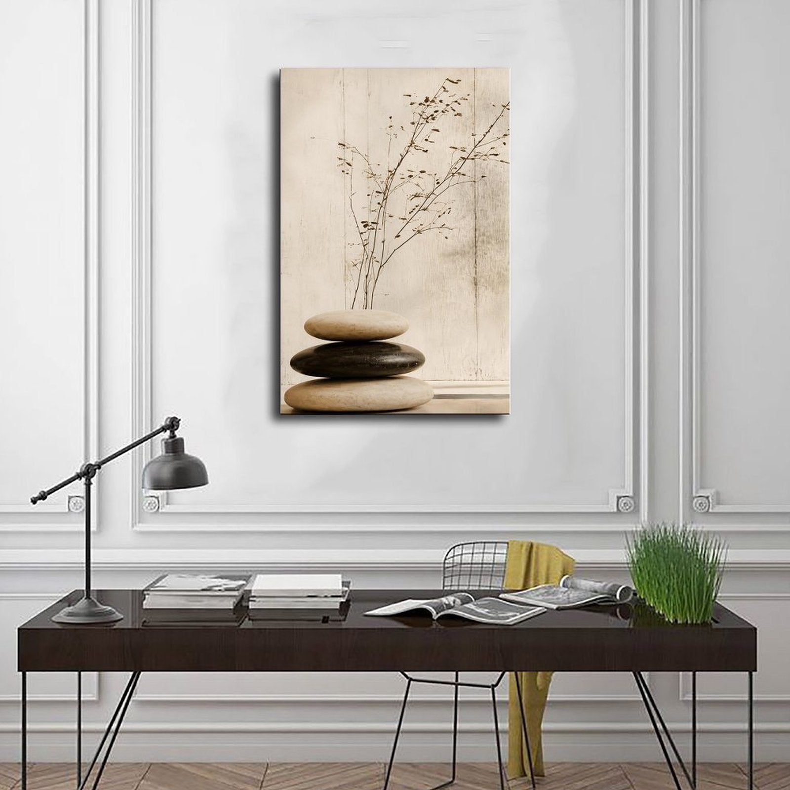 stacked smooth stones with a sparse dried branch in cream, taupe, charcoal tones — Wrapped Canvas SCENE_01