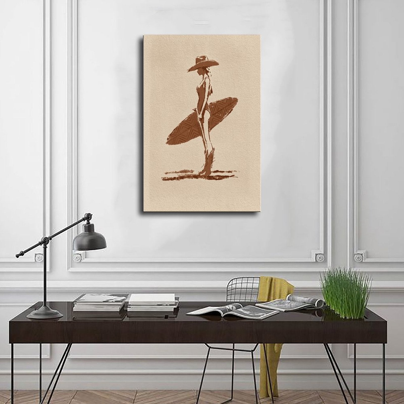 stylized seated woman with oversized botanical leaves in minimalist figurative art style — Wrapped Canvas SCENE_01
