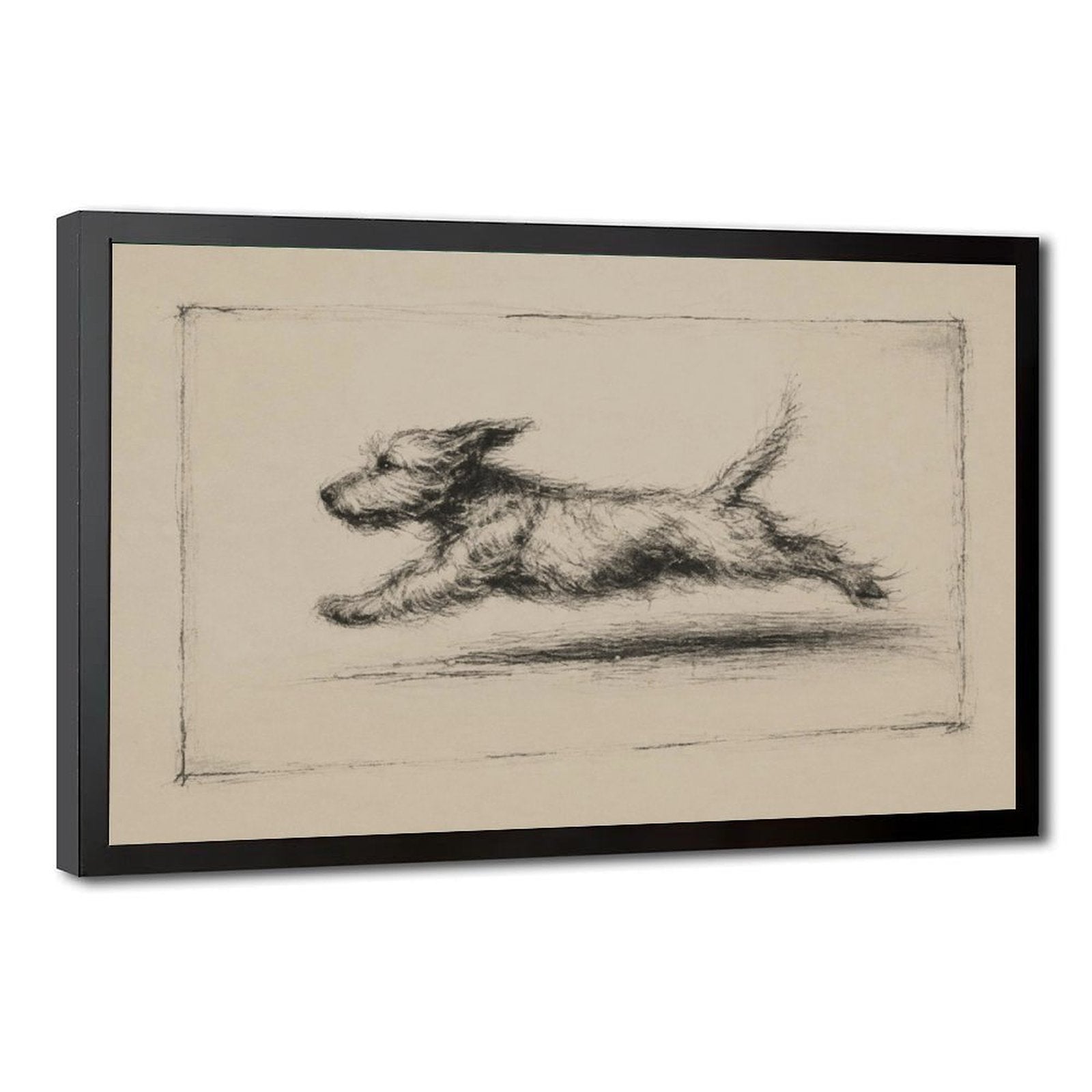Charcoal sketch of a shaggy dog running across a warm cream background — Black Frame HERO