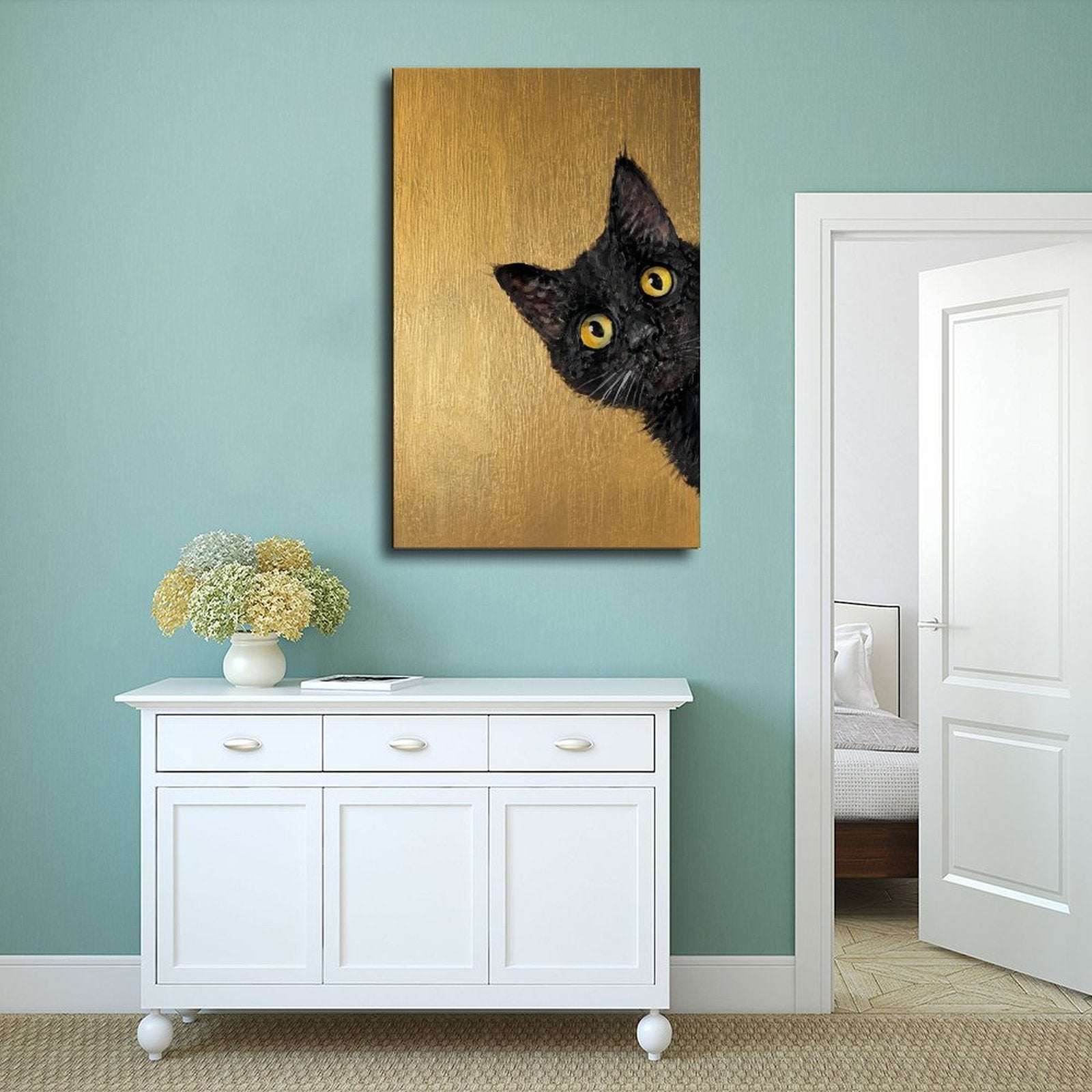 black cat peeking into the composition in black, mustard gold tones — Wrapped Canvas SCENE_02