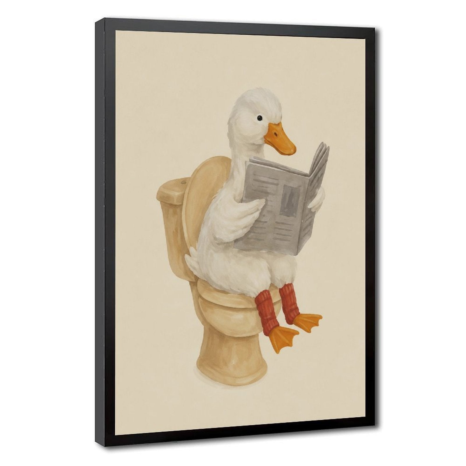 white duck sitting on a toilet reading a newspaper in cream, white, tan tones — Black Frame HERO