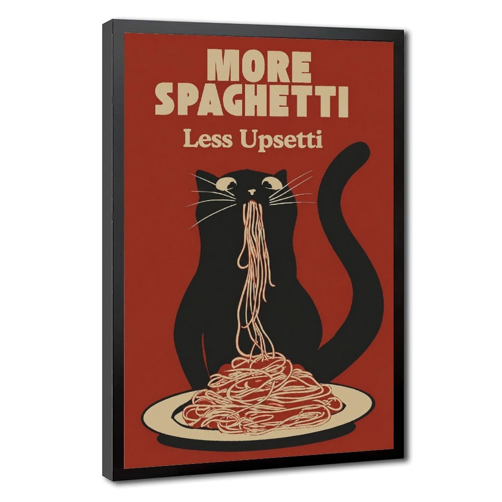 black cat eating spaghetti beneath humorous typography in brick red, black, cream tones — Black Frame HERO