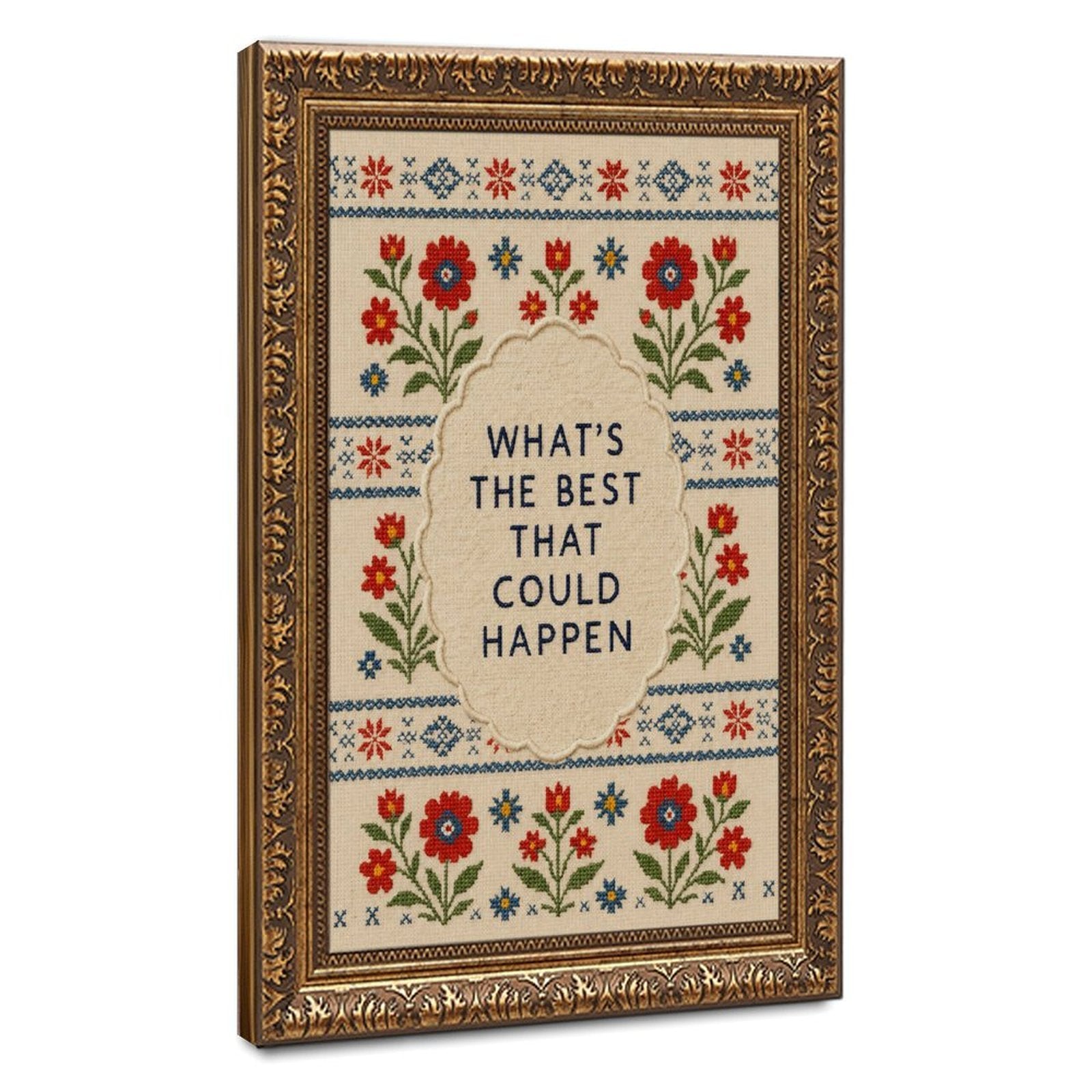 floral folk-art border around optimistic typography in red, blue, green tones — Vintage Gold Frame HERO