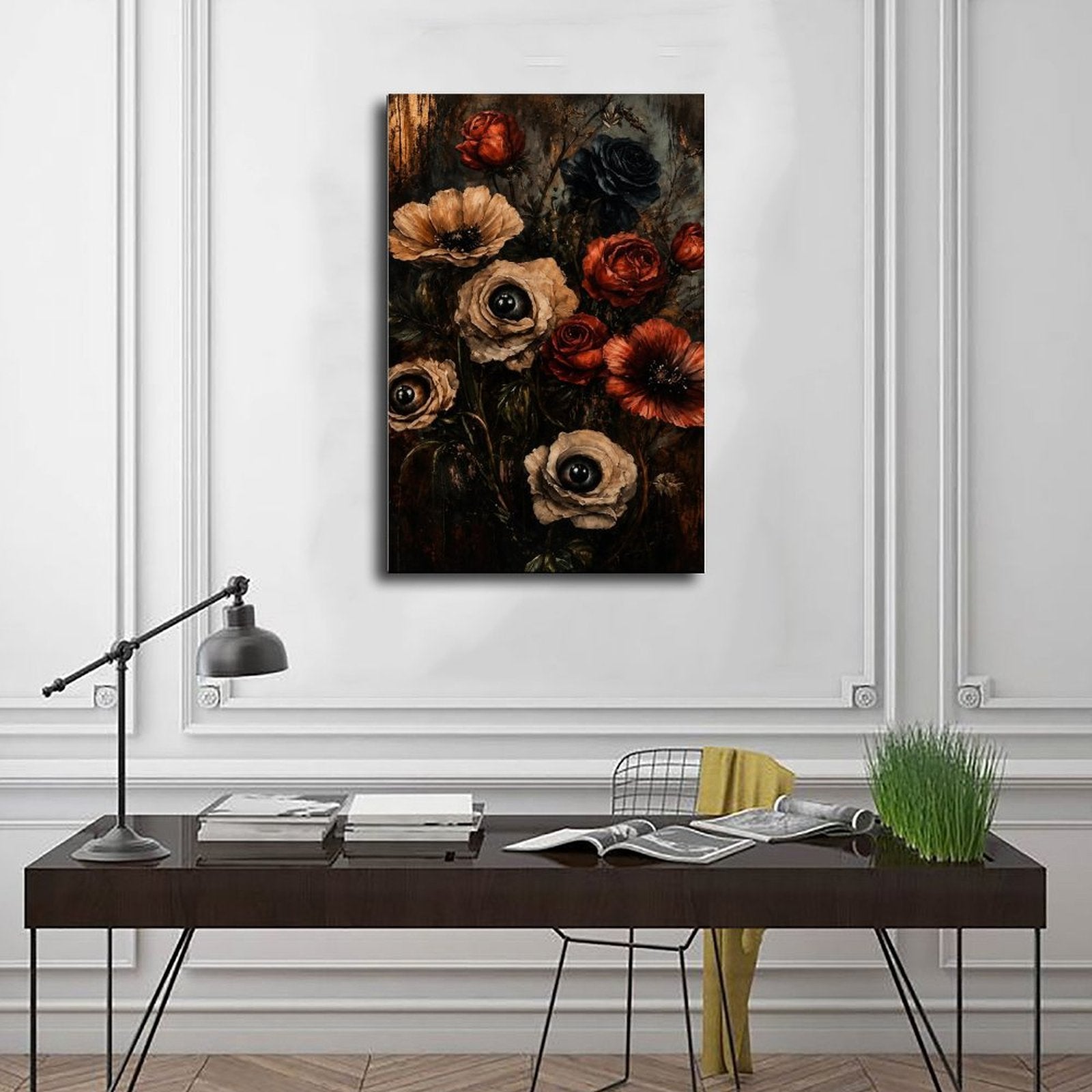 dark floral bouquet with realistic eyes in flower centers in black, deep red, taupe tones — Wrapped Canvas SCENE_01