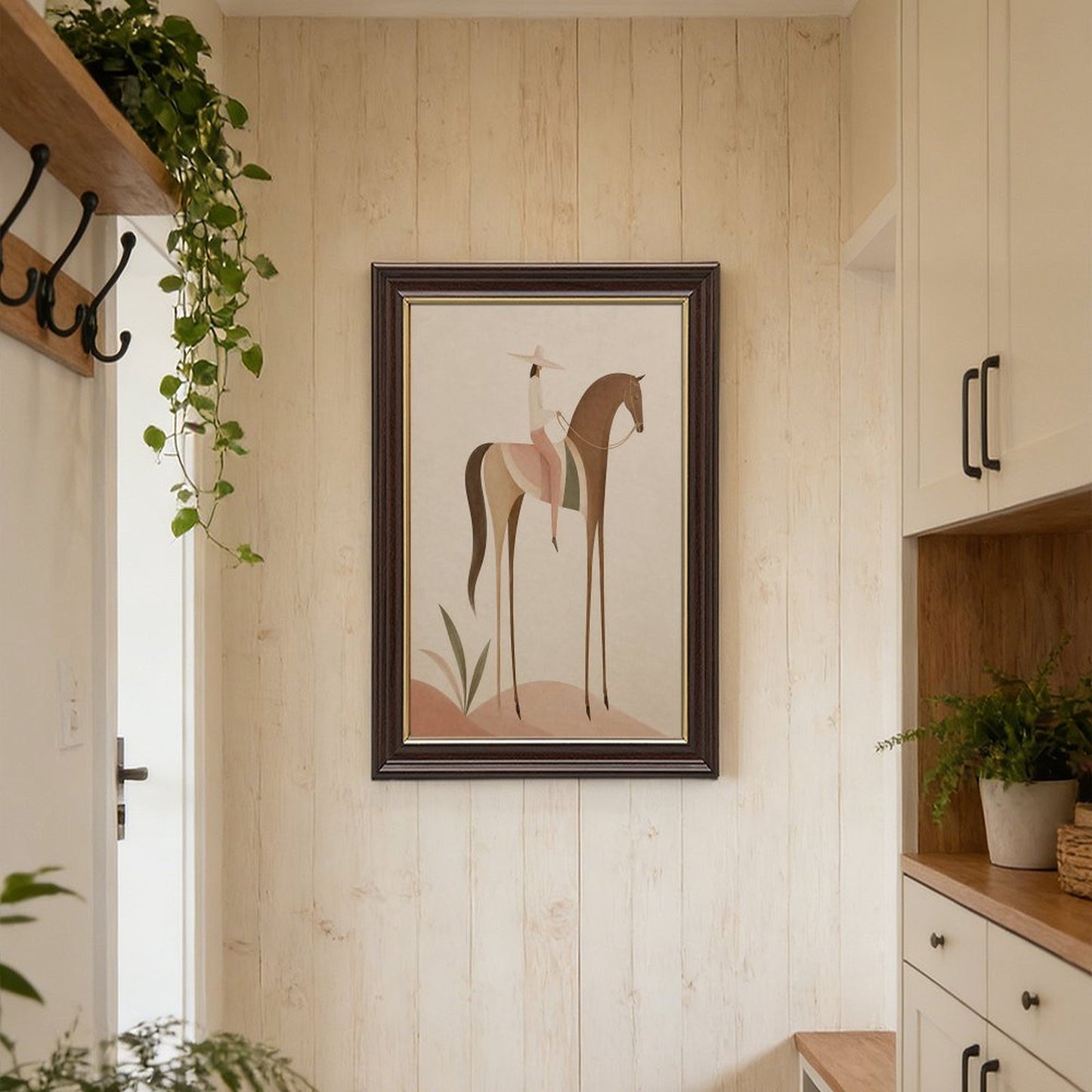 Soft Blush Long Horse canvas wall art featuring a graceful long-limbed horse in soft blush pink, warm beige, muted cream tones, displayed in the Wood Grain Gold Frame style