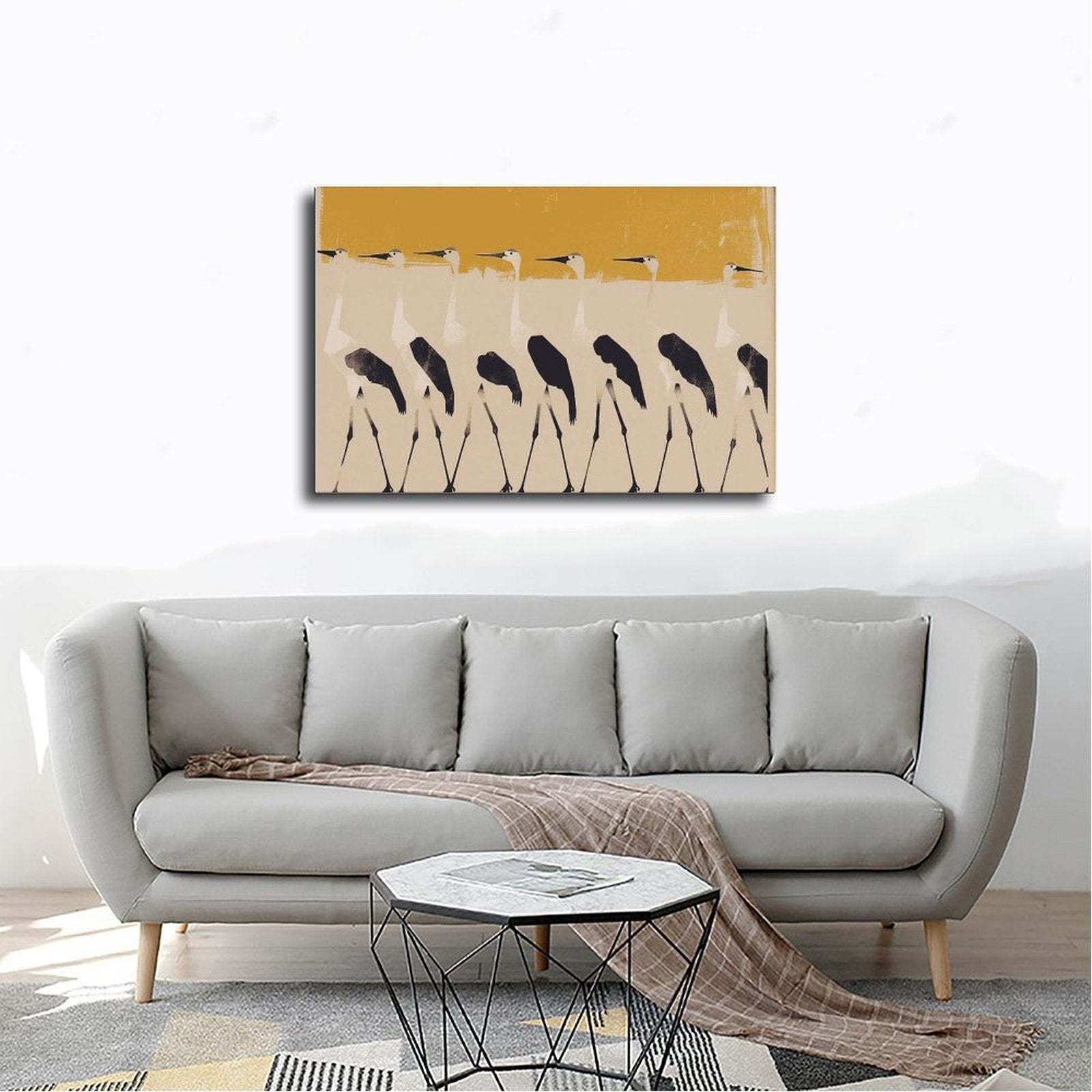 row of stylized pale birds in abstract animal art style — Wrapped Canvas SCENE_02