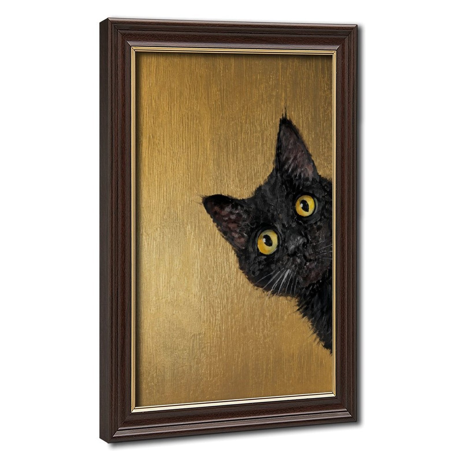 black cat peeking into the composition in black, mustard gold tones — Wood Grain Gold Frame HERO