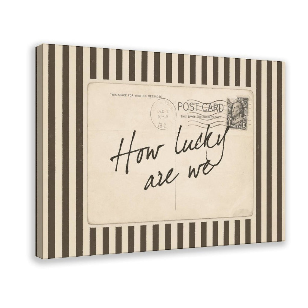 handwritten gratitude quote on a vintage postcard in cream, black, sepia tones — Wrapped Canvas HERO