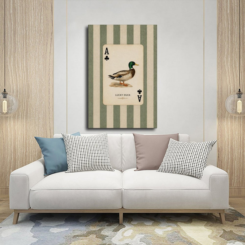 mallard duck illustrated as an ace playing card in sage green, cream, black tones — Wrapped Canvas SCENE_03