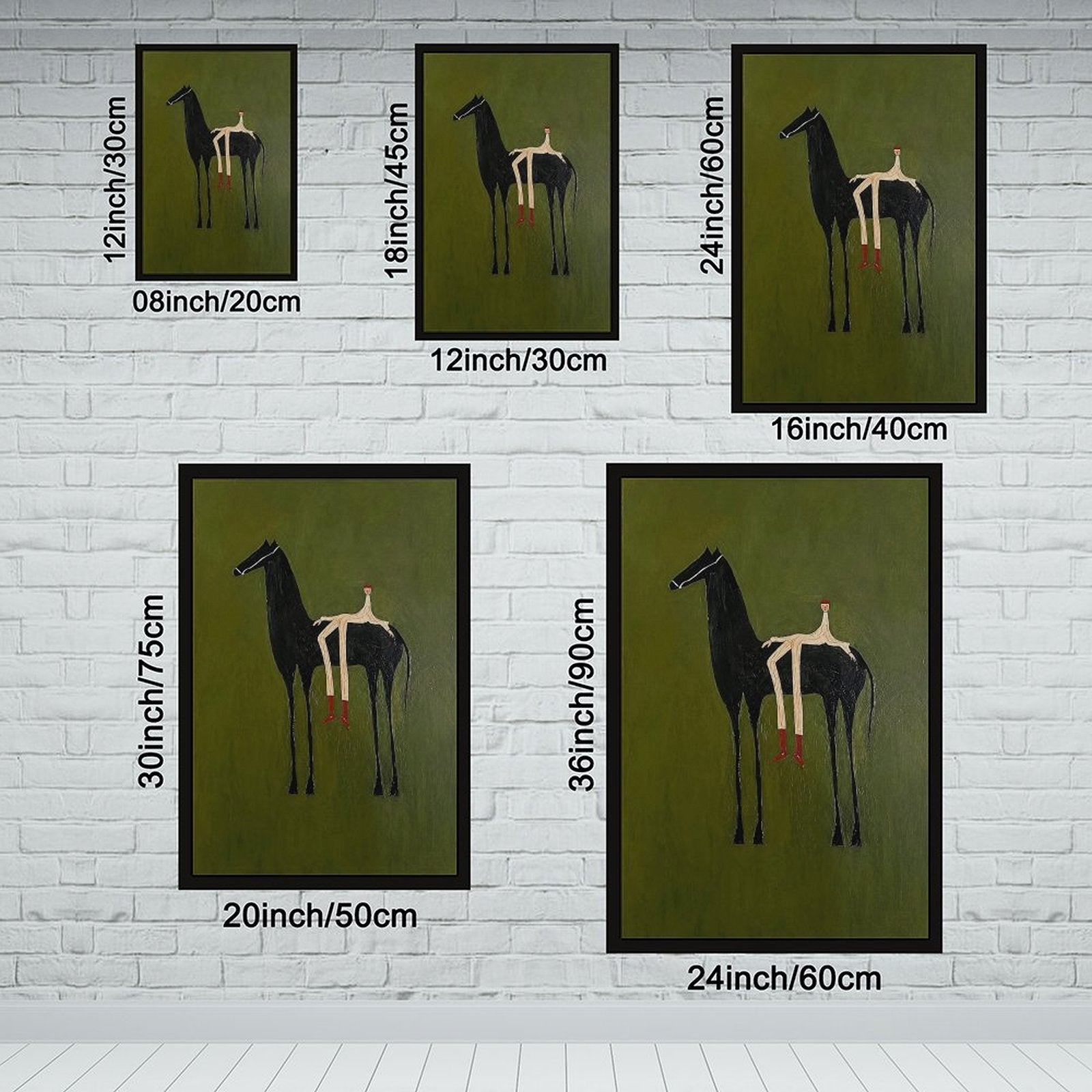 Stylized black horse with an elongated seated rider on an olive green background — Black Frame SIZE_GUIDE