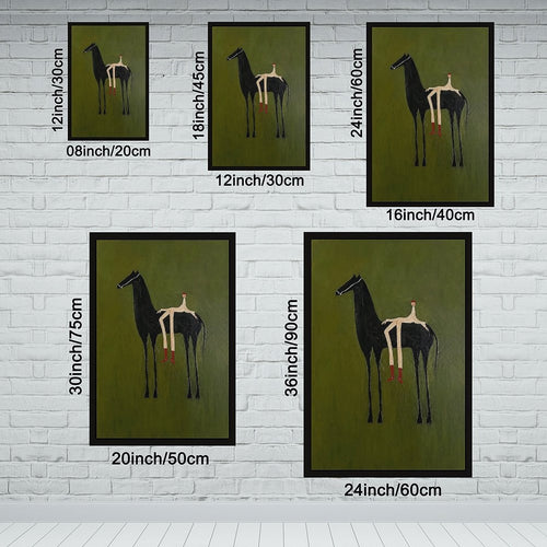Stylized black horse with an elongated seated rider on an olive green background — Black Frame SIZE_GUIDE