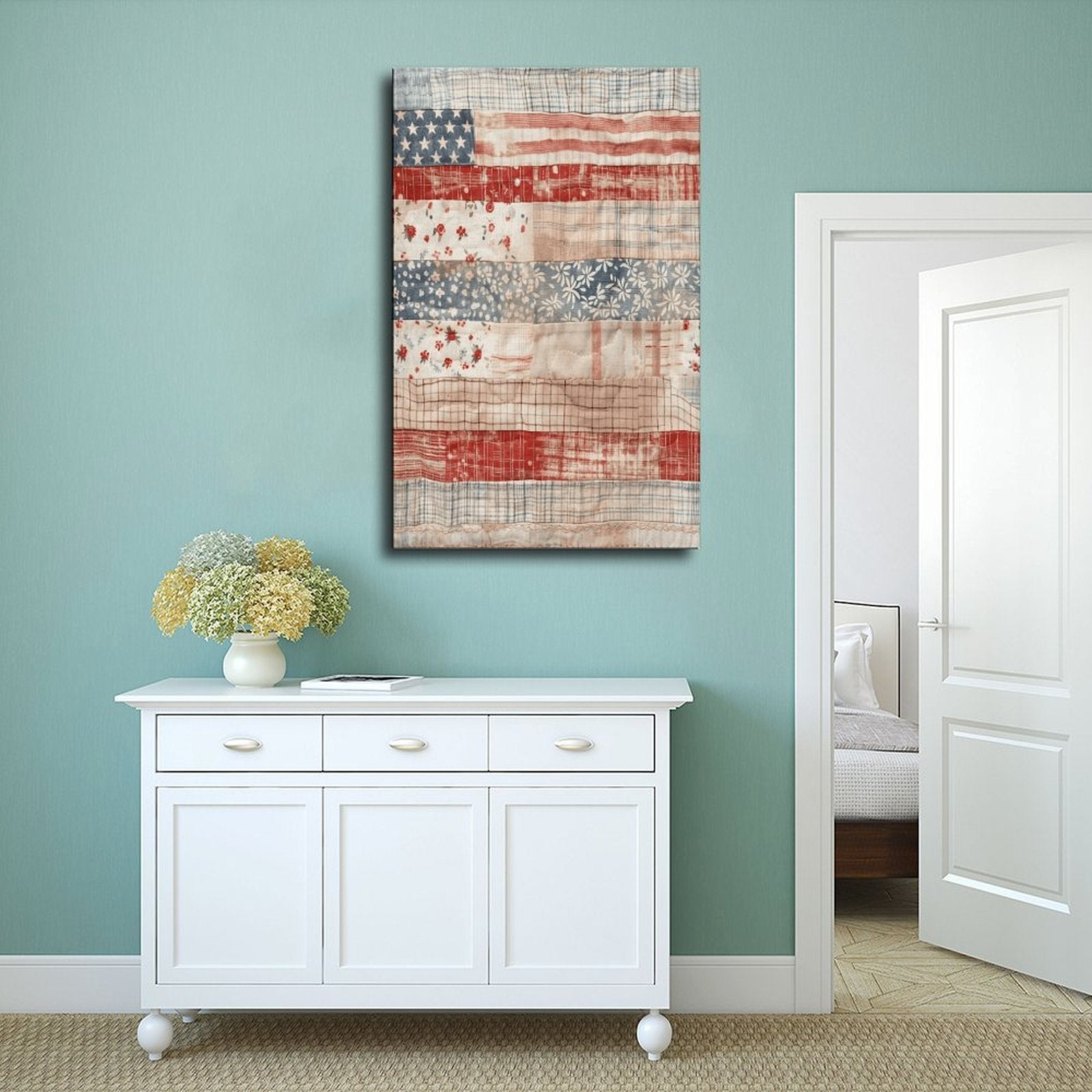 patchwork American flag in folk art style — Wrapped Canvas SCENE_02