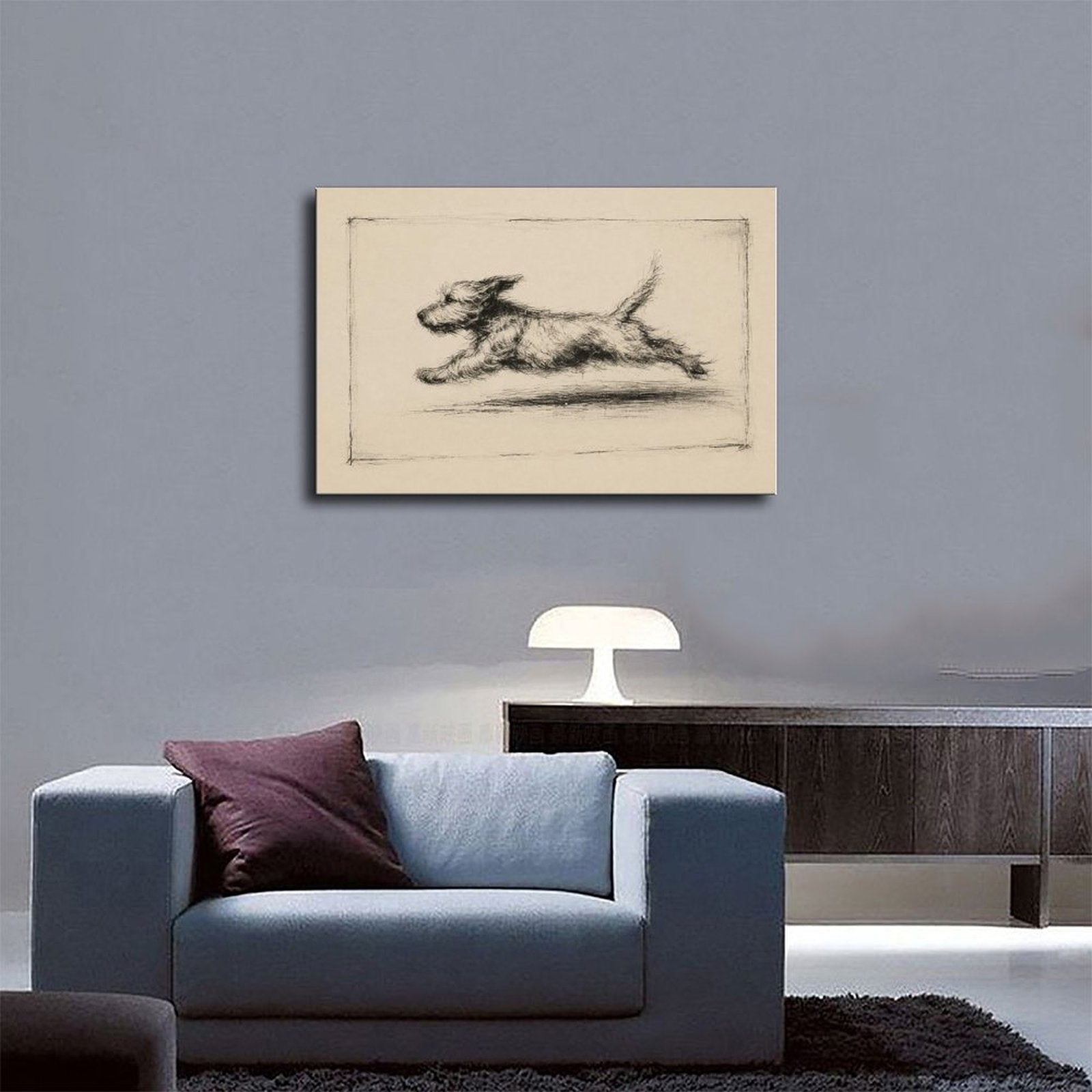 Charcoal sketch of a shaggy dog running across a warm cream background — Wrapped Canvas SCENE_03