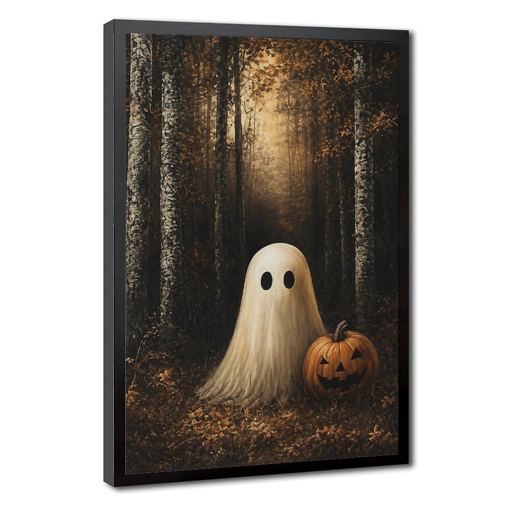 sheet ghost beside a carved pumpkin in an autumn forest in black, amber, cream tones — Black Frame HERO
